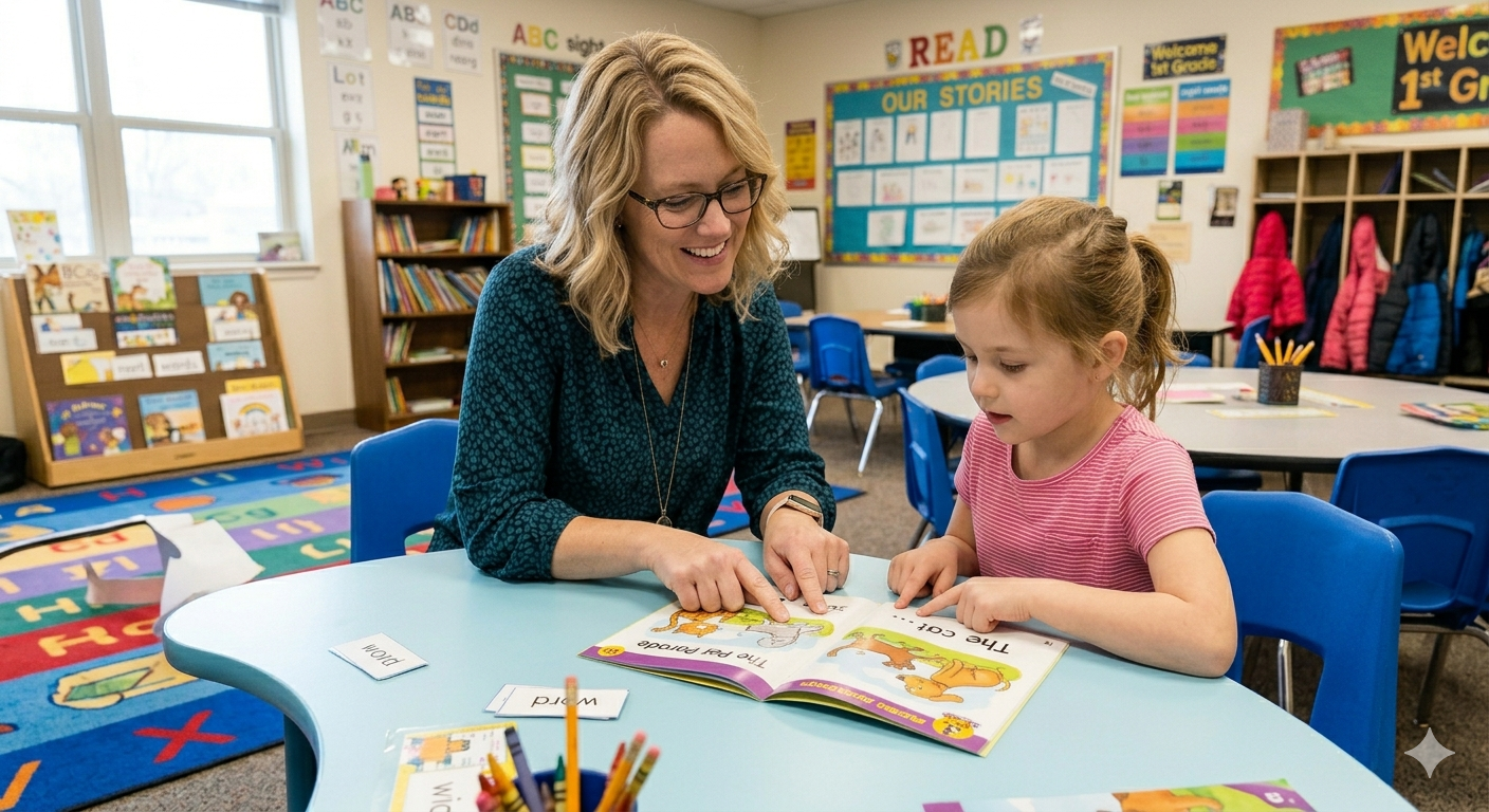 A teacher and a young girl are reading a picture book together at a classroom table. The classroom is decorated with educational posters and children's books, with colorful coats hanging on hooks in the background.