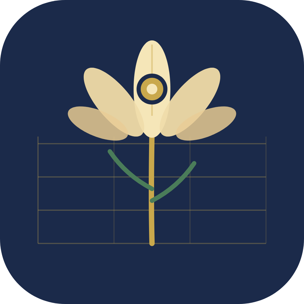 A stylized illustration of a flower with beige petals and a dark center, set against a dark blue background with a grid pattern.