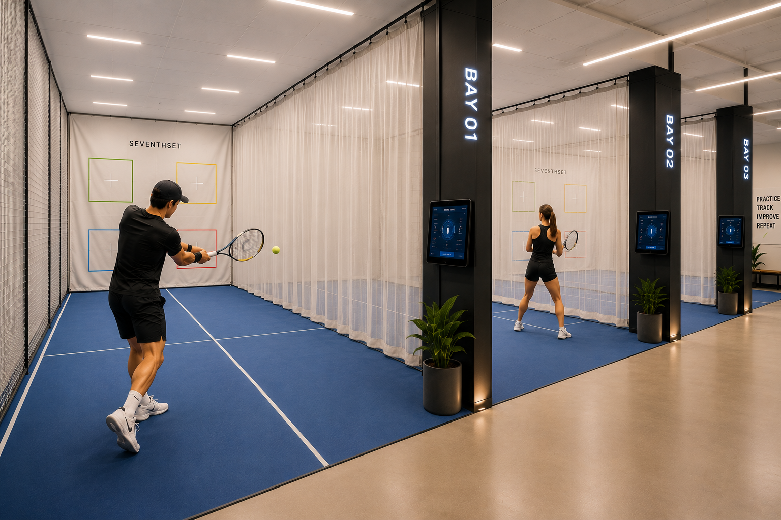 Two people playing indoor tennis in separate courts with white curtains, digital screens on black columns marked 'BAY 01', 'BAY 02', and 'BAY 03', and potted plants.