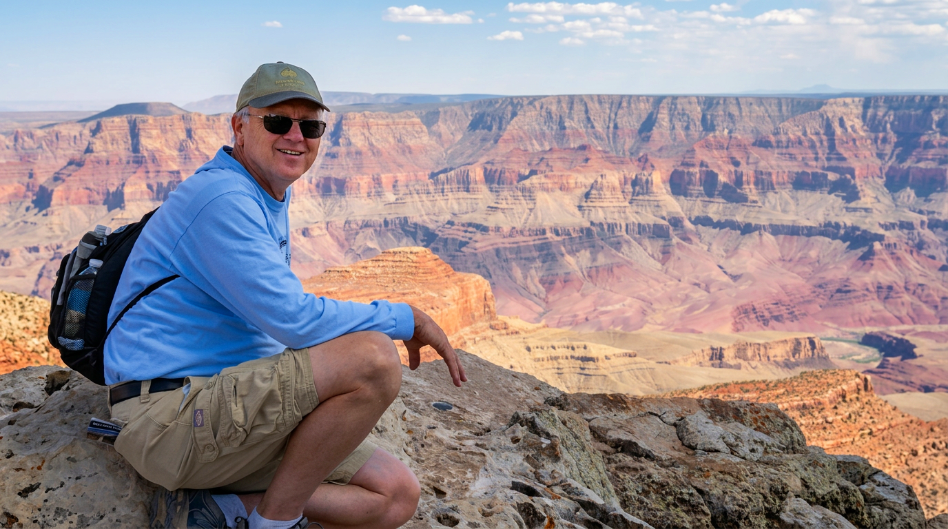 Man sitting on a rock at the Grand Canyon in Arizona, wearing sunglasses, a blue jacket, and khaki shorts, with a backpack, smiling with the canyon in the background.