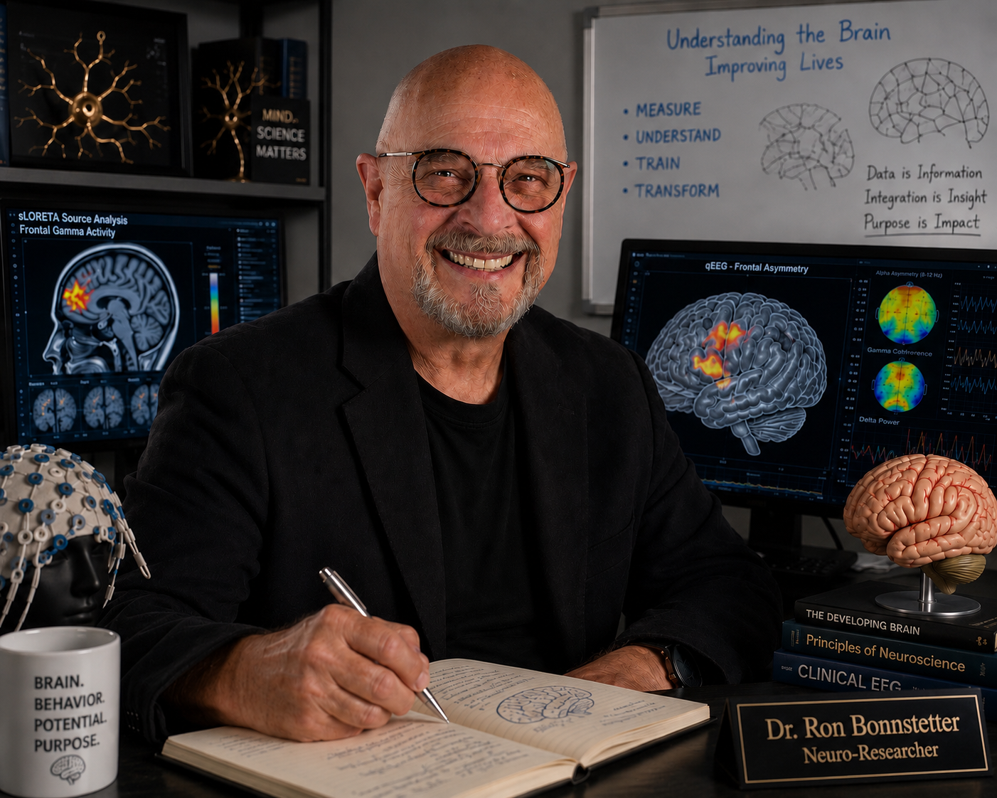 A smiling man with glasses and a beard, sitting at a desk in a neuroscience research office. He has a notebook open in front of him with handwritten notes and a drawing of a brain. Behind him, there are computer screens displaying brain scan images and data, a whiteboard with notes about understanding the brain, and brain models on the desk. A coffee mug with the words 'BRAIN. BEHAVIOR. POTENTIAL. PURPOSE.' and a nameplate reading 'Dr. Ron Bonnstetter, Neuro-Researcher' are also visible.