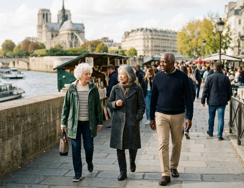 Three people walking along a riverside promenade in Paris, with the Notre Dame Cathedral in the background. The group includes two women and one man, all dressed in casual autumn clothing.