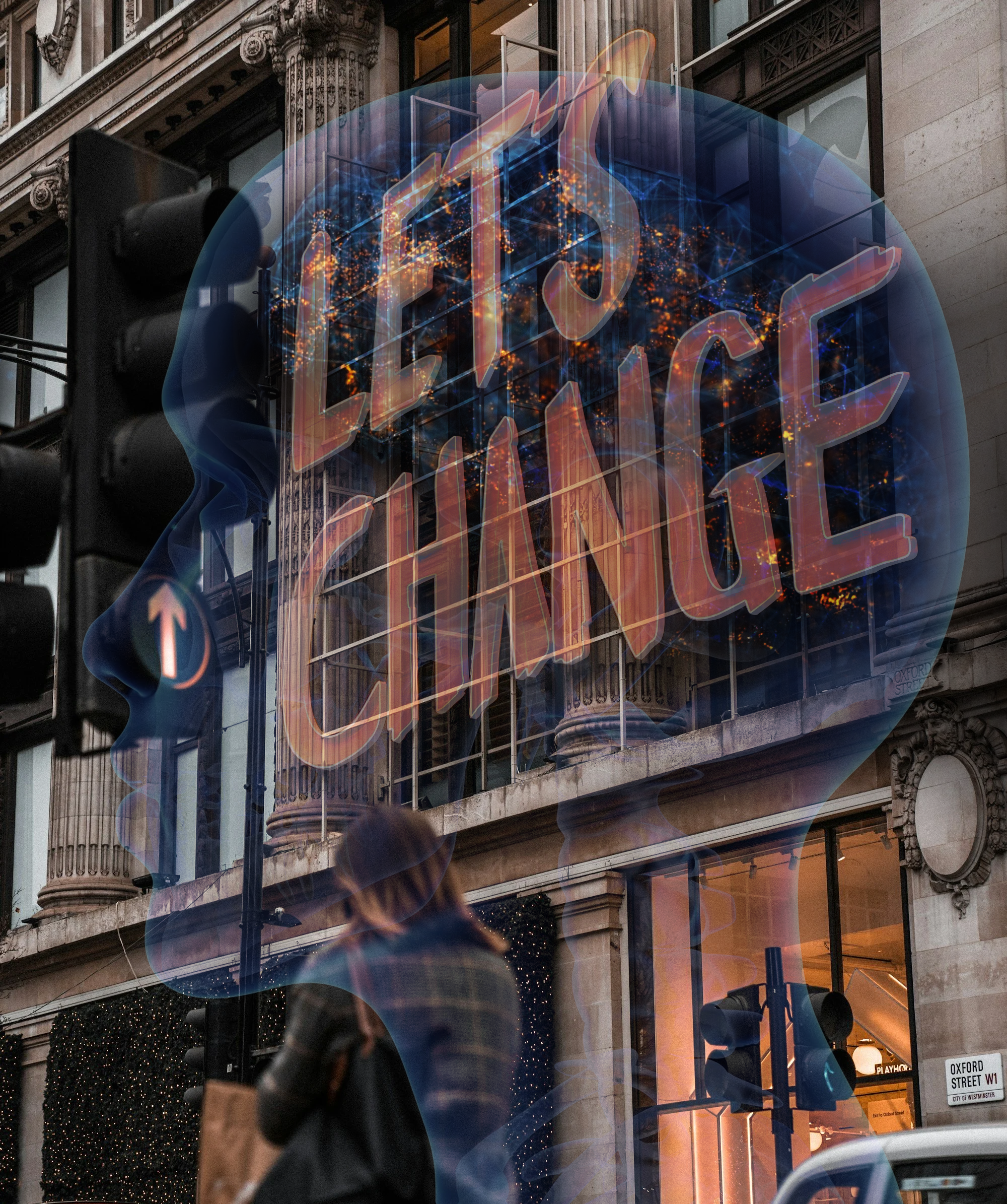 A city street scene with a neon sign reading 'EAT' superimposed over a building facade with classical architectural details. Pedestrians walk by, and building windows and decorations are visible.