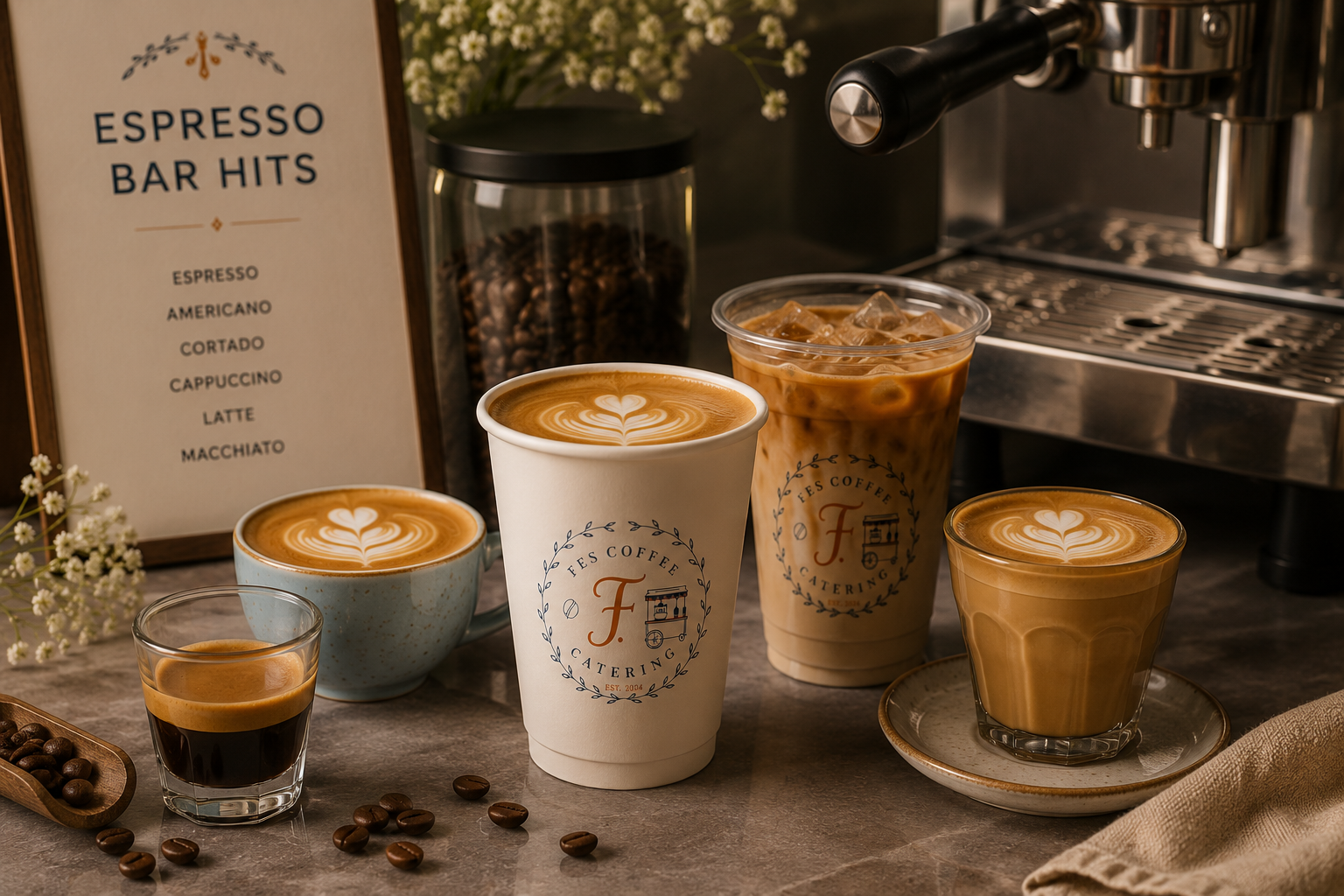 Various coffee drinks on a counter, including an espresso with latte art, an iced coffee, and a hot coffee with latte art, with coffee beans and a menu board in the background.