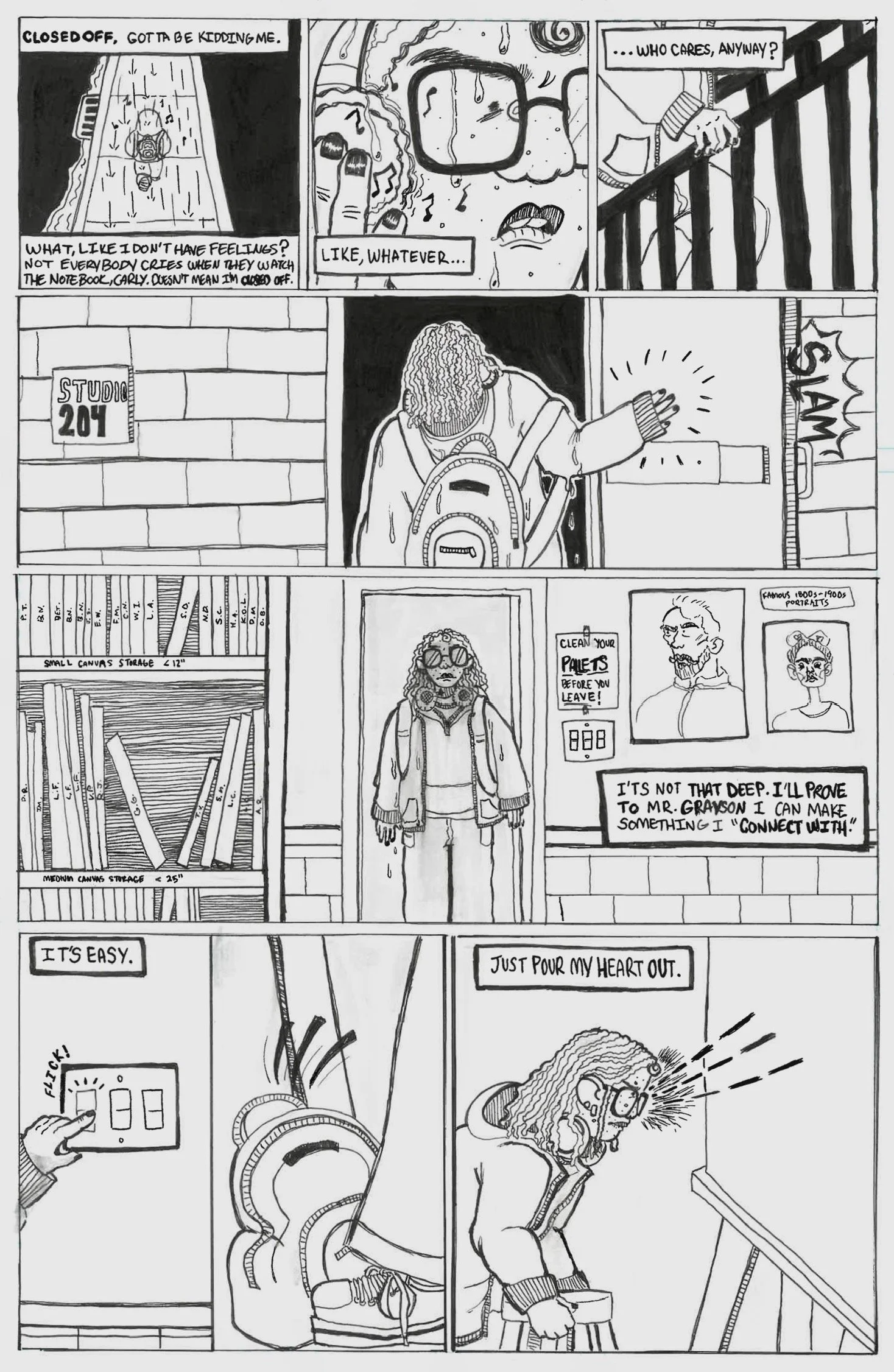 A black and white comic strip depicting a person with curly hair and glasses, carrying a backpack, entering a building labeled 'Studio 204.' The person feels overwhelmed but tries to connect by pouring their heart out, resulting in a sensory overload