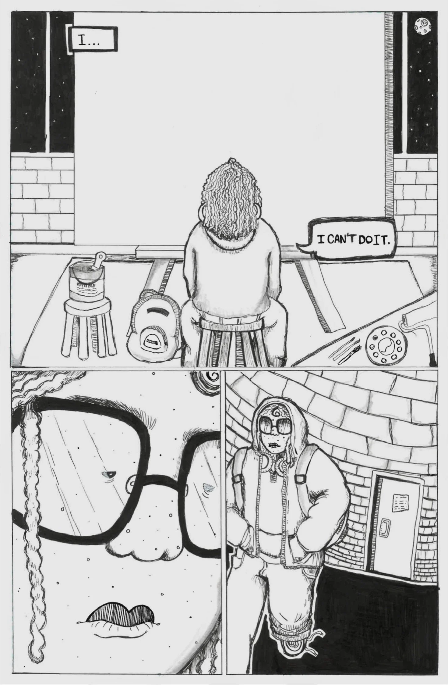 A person with curly hair sitting on a stool, facing an empty blackboard, with a speech bubble saying "I CAN'T DO IT". 