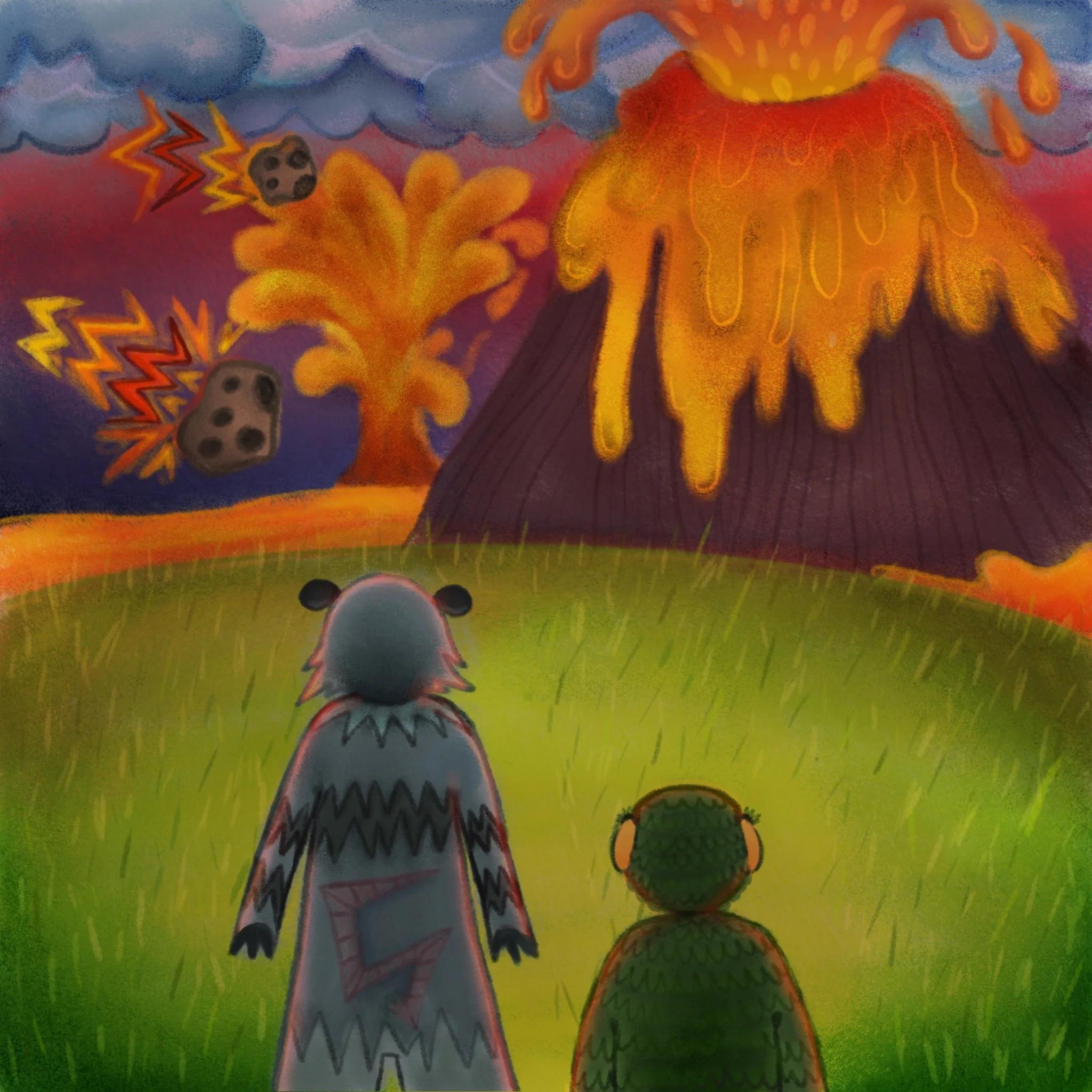 A colorful, drawing of an opossum and a lizard standing with their backs turned, watching a volcano explode.