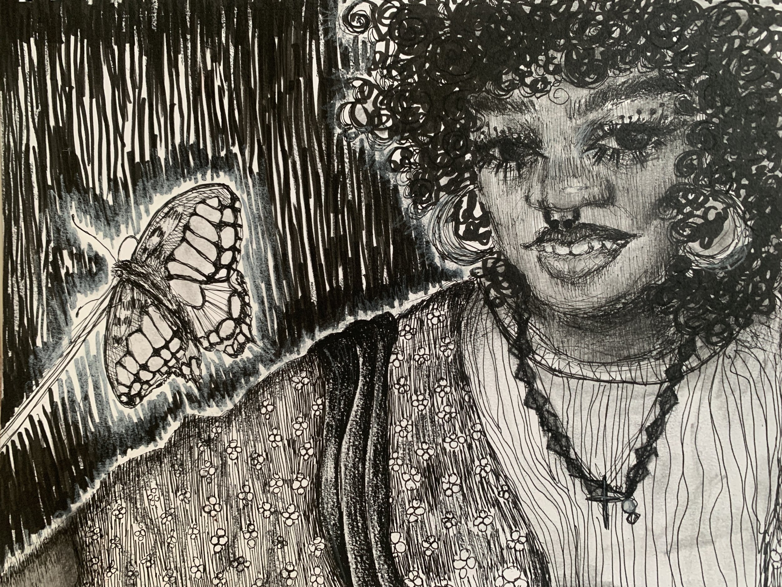 A detailed black and white drawing of a woman with curly hair smiling, holding a butterfly in her hand.