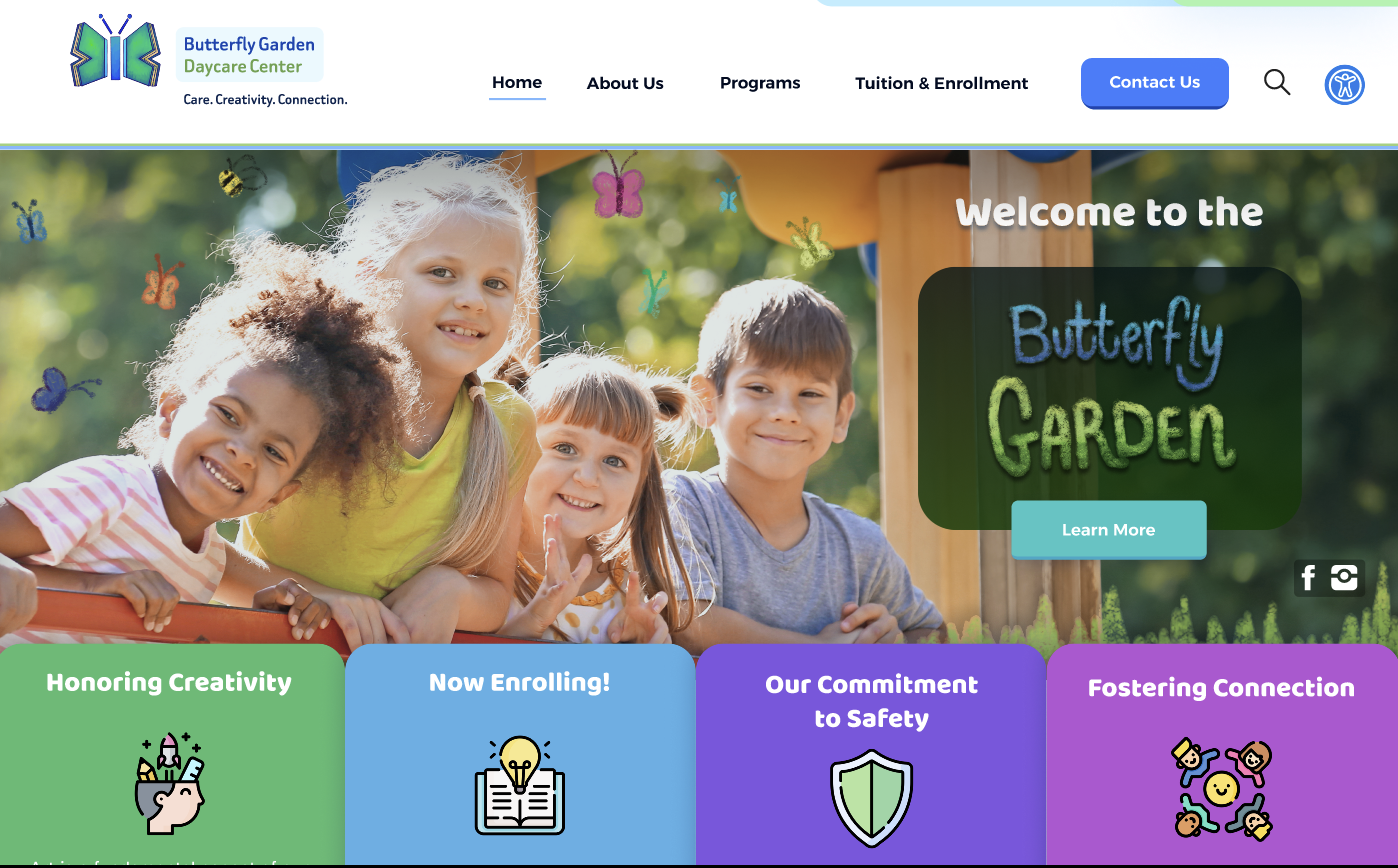 Screenshot of Butterfly Garden Daycare Center website featuring children playing outdoors and banners highlighting programs and values.