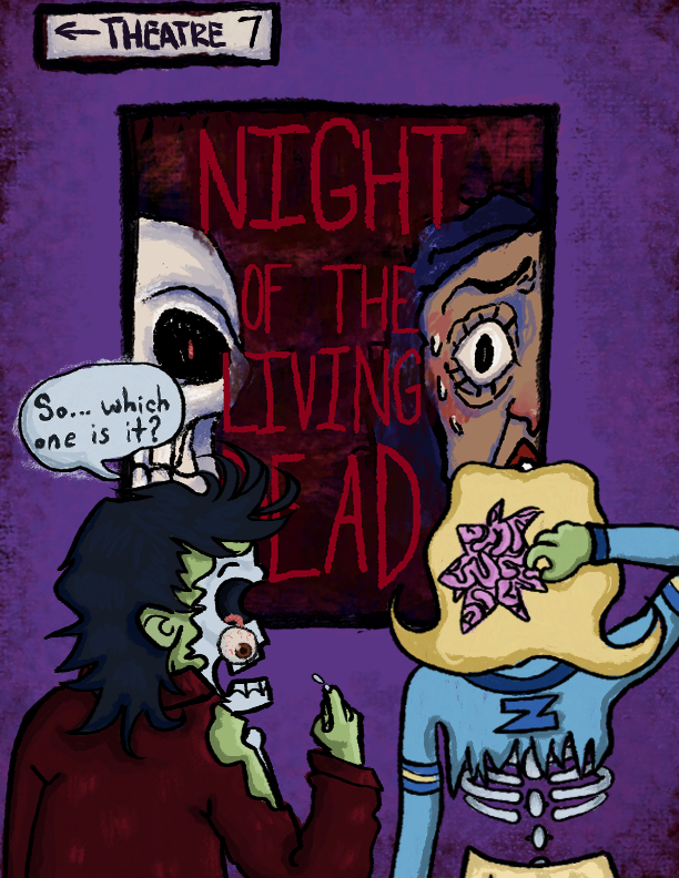 Two zombie characters outside a theater with a sign that reads "Night of the Living Dead." One zombie asks, "So... which one is it?" The other zombie is scratching a part of her head that has her brain exposed.
