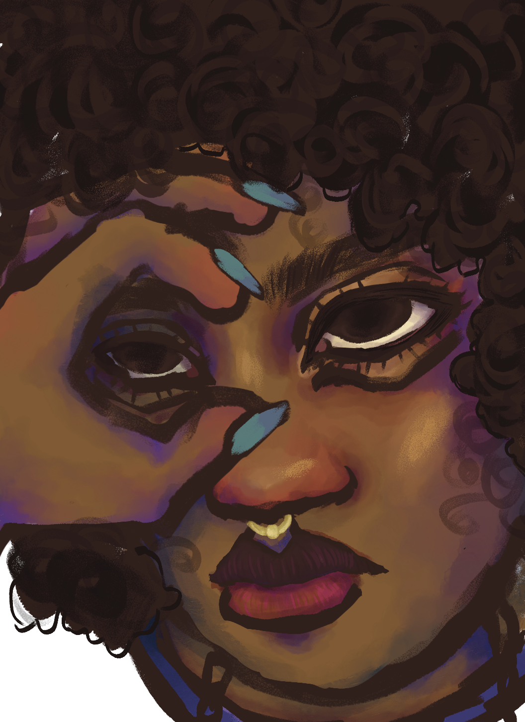A colorful digital painting of a woman with curly hair, large eyes, dark lipstick, and a nose piercing, making a frame with her hands around her eyes.