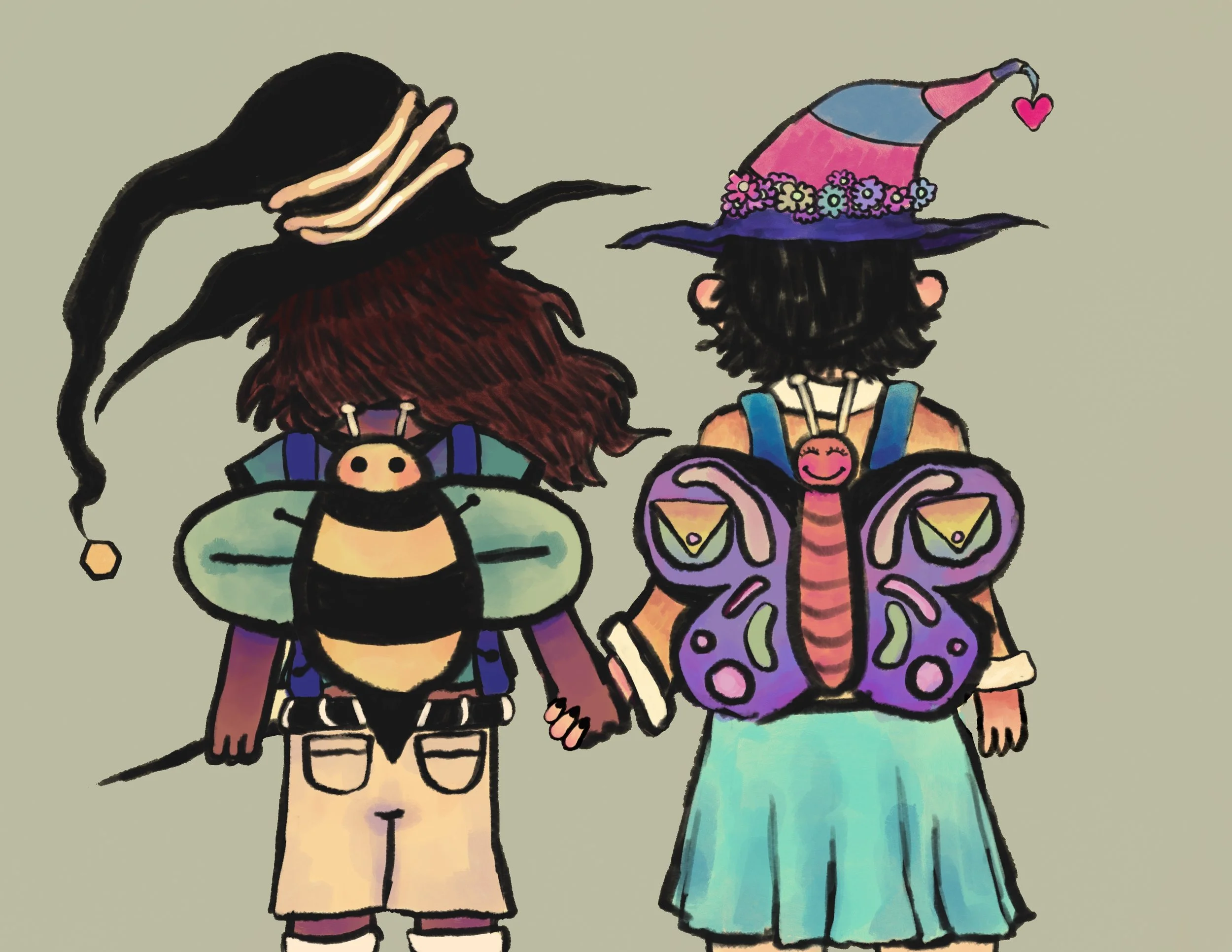 Two cartoon children, two girls, wearing backpacks, with one girl wearing a wizard's hat decorated with flowers and a heart, and the other wearing a shorter hat, both standing with their backs to the viewer.