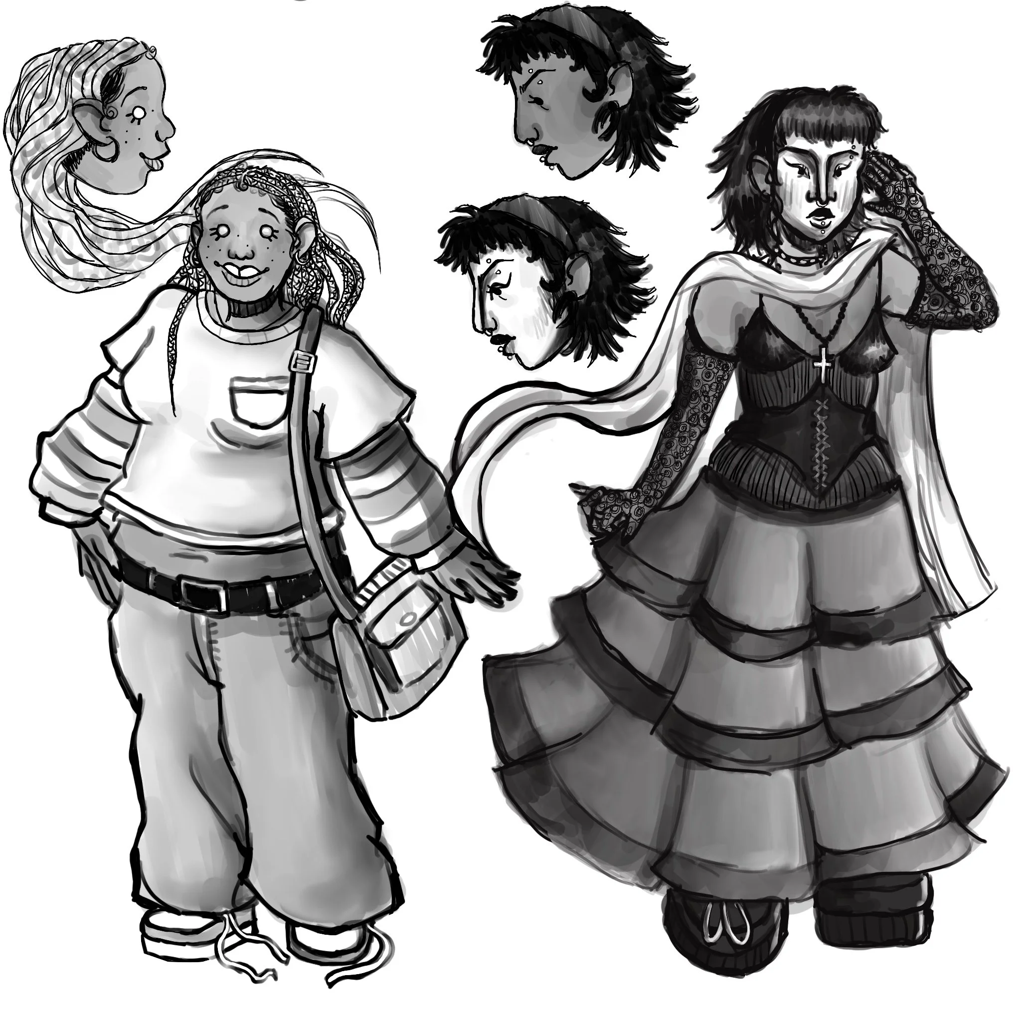 Black and white illustration of 2 people with varying hairstyles and clothing styles, standing together.