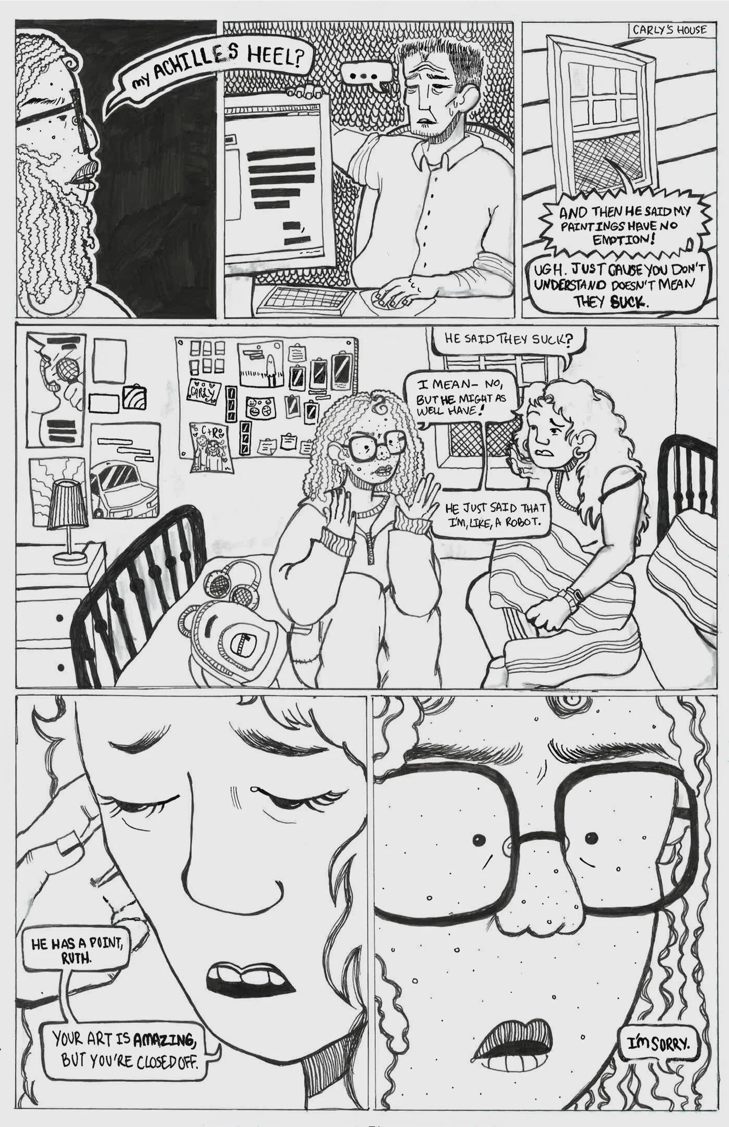 Black and white comic strip featuring a girl talking to another girl with curly hair about art and the contest. The comic includes dialogue about art being amazing but closed off.