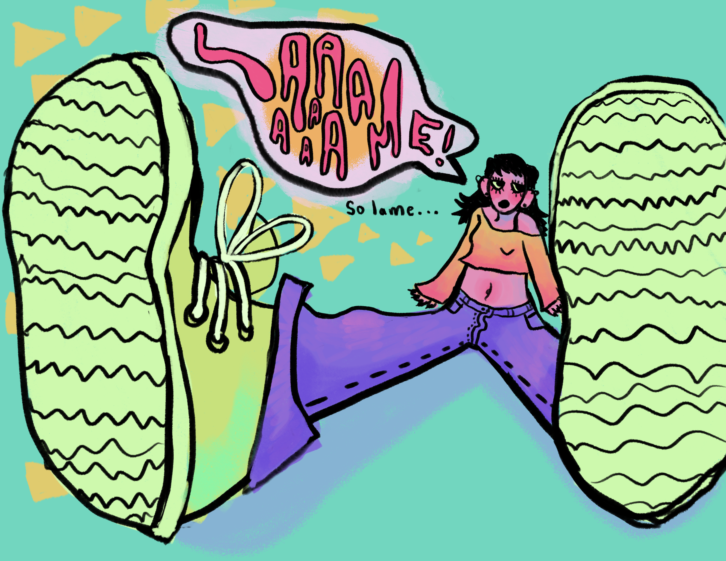 A cartoon-style illustration of a girl with black hair wearing an orange top and purple pants, sitting down with her shoes being the closest to the viewer, a speech bubble stating 'LAME'. The background is teal with yellow triangle shapes.
