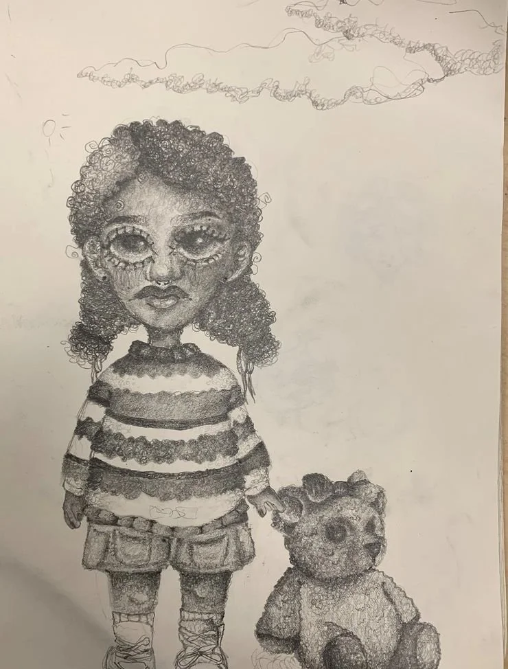 A pencil sketch of a girl with curly hair, wearing a striped sweater and shorts, holding a teddy bear on her right side under a cloudy sky.