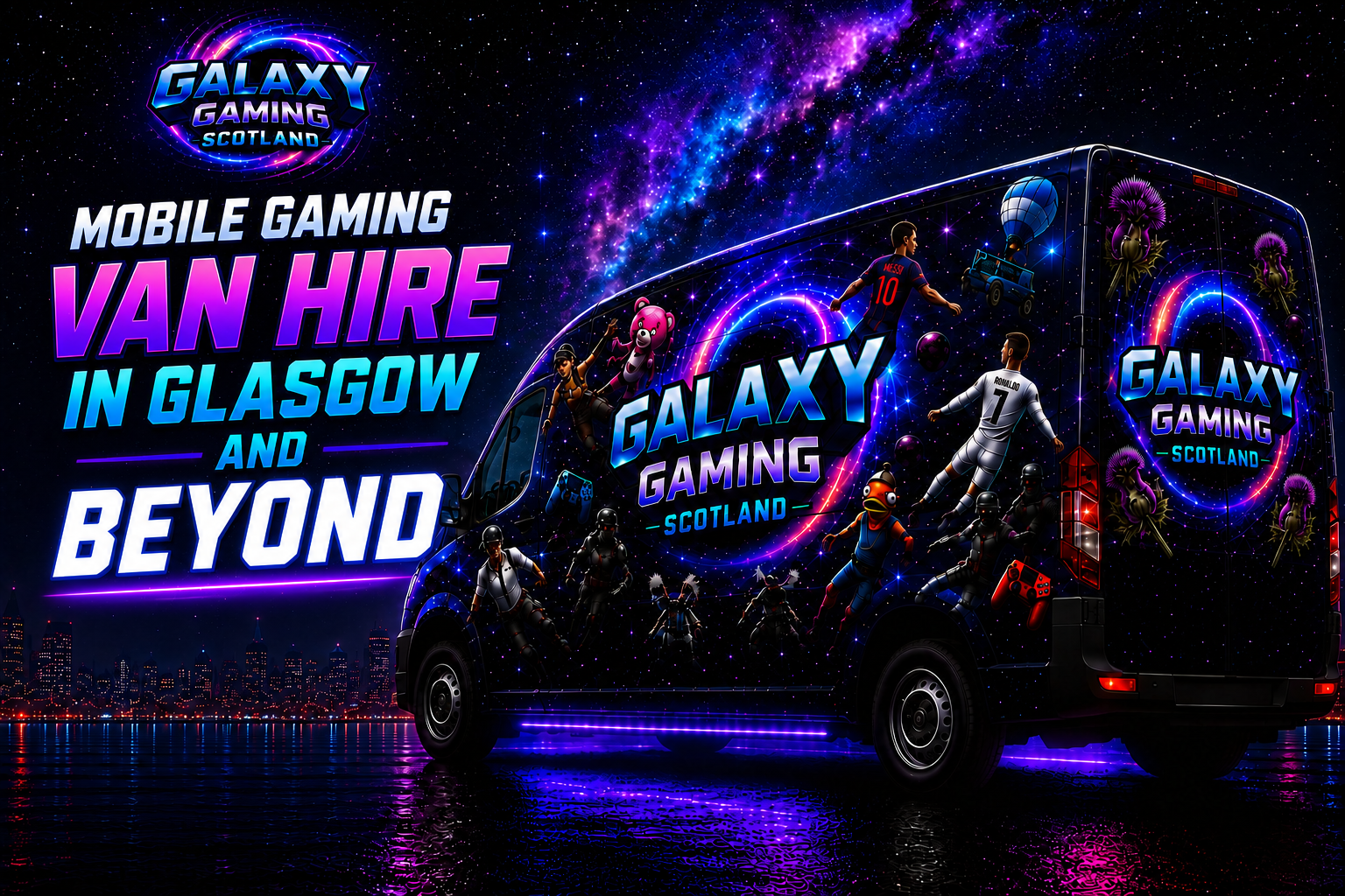 A bright, colorful advertisement for Galaxy Gaming Scotland, featuring a space-themed cityscape reflected on water, with a space bus decorated with gaming characters, neon lights, and text promoting mobile gaming van hire in Glasgow and beyond.