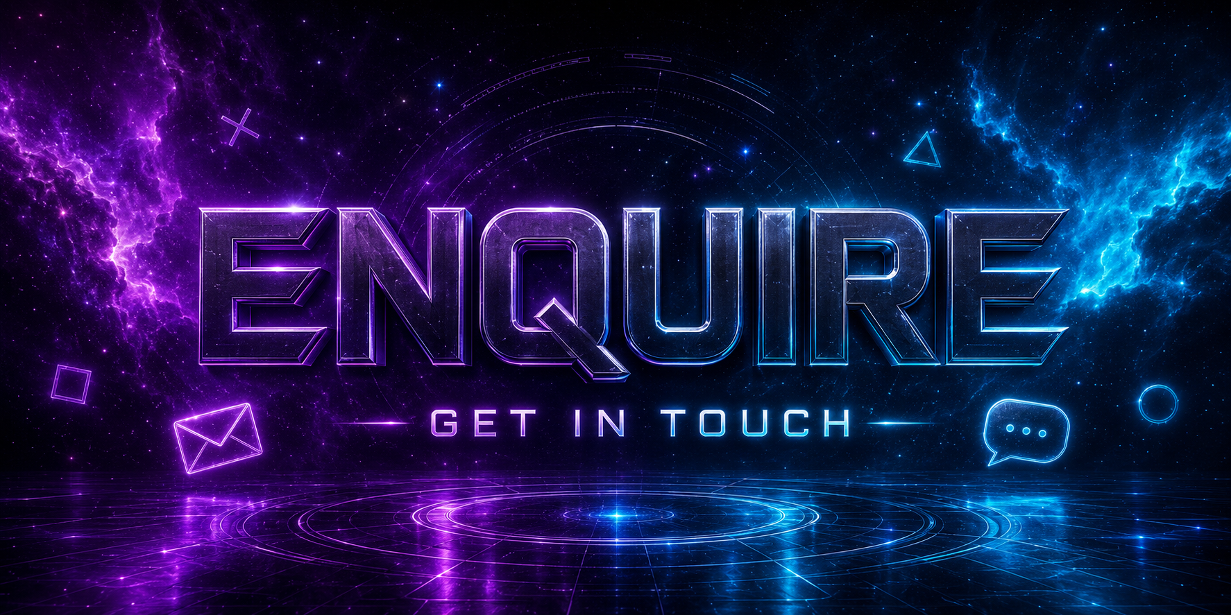 The image displays the words 'ENQUIRE GET IN TOUCH' in a futuristic, neon style with a space-themed background featuring purple and blue nebulae, stars, and geometric shapes like triangles, circles, and an envelope icon.