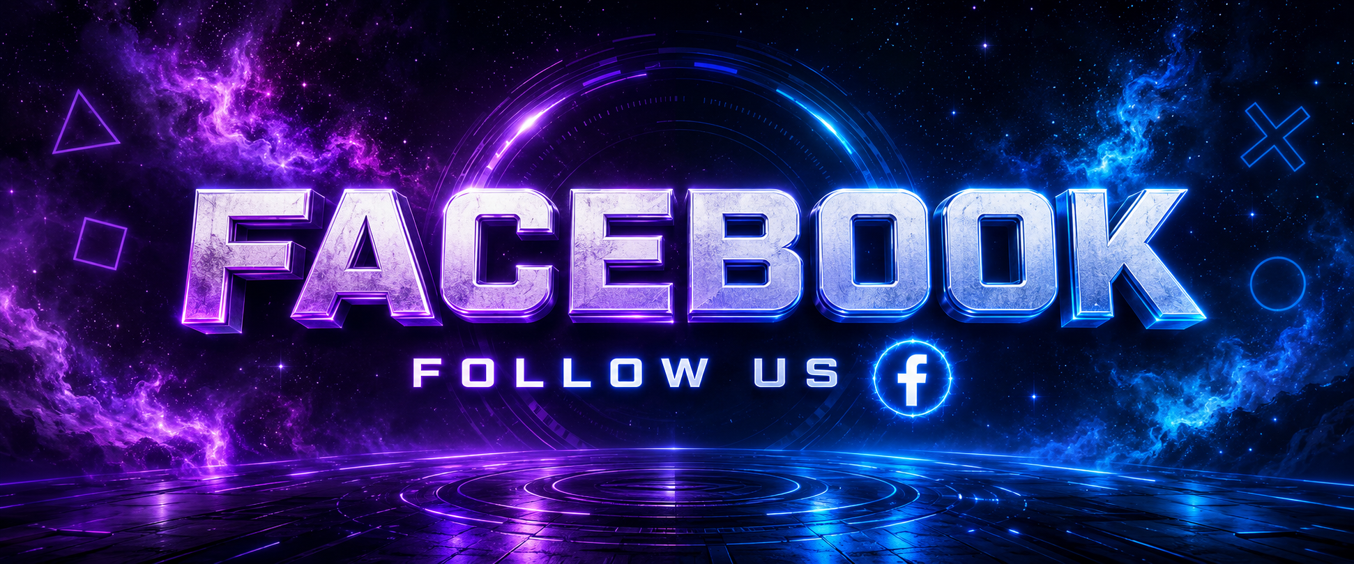 Digital graphic with purple and blue neon text saying 'Facebook' and 'Follow us' with the Facebook logo, set against a cosmic background of stars and nebulae.