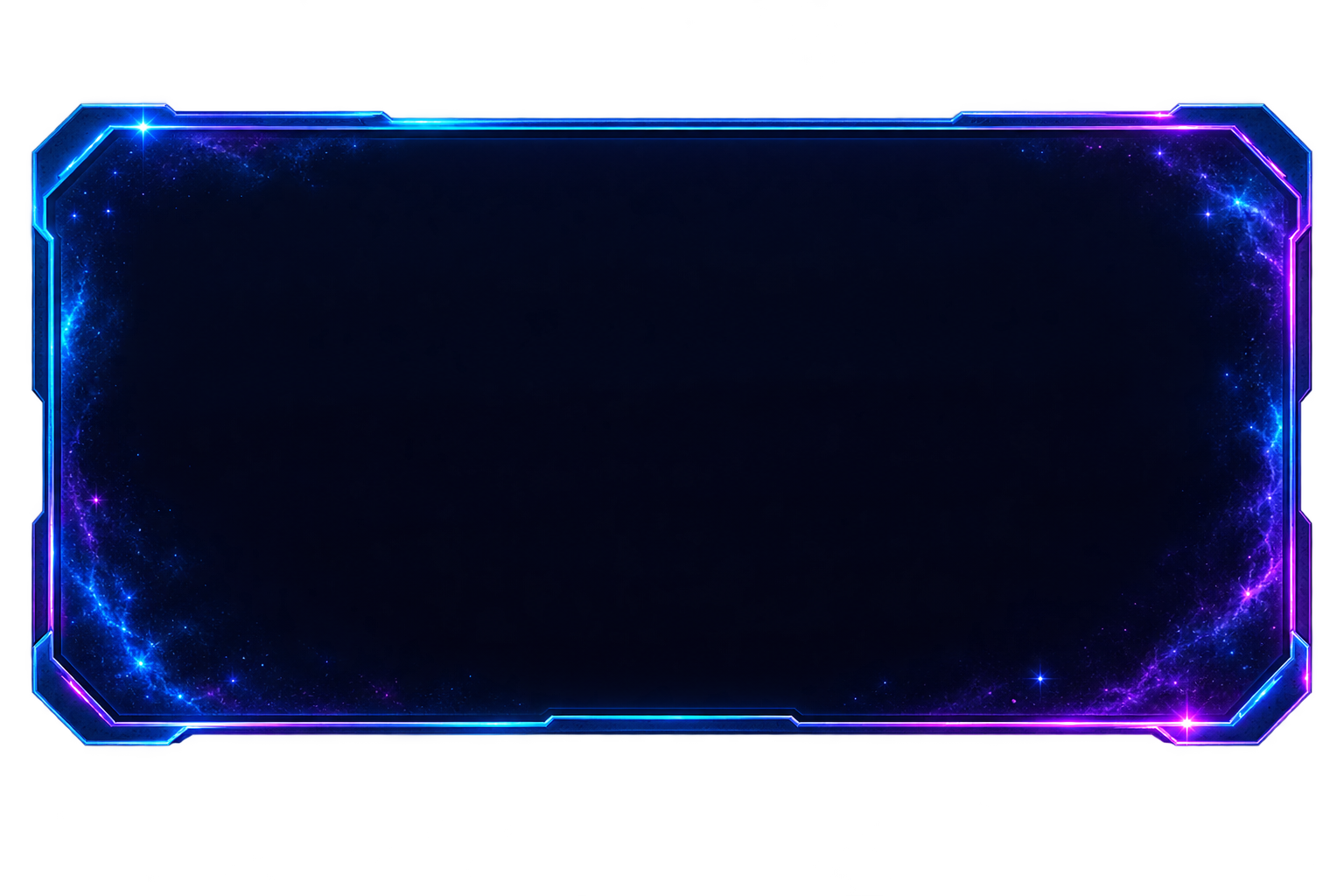Futuristic digital frame with neon blue and purple glowing edges, and a starry galaxy background.