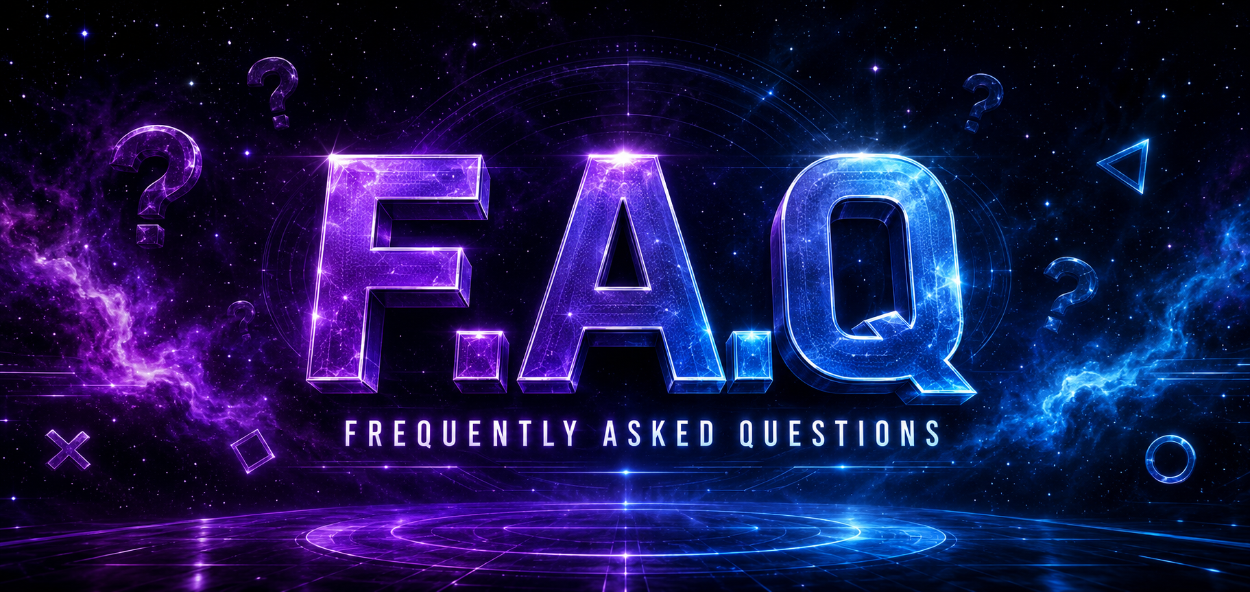 Digital graphic with the text "F.A.Q" and "Frequently Asked Questions" in a futuristic space-themed background with stars, nebulae, and question marks.