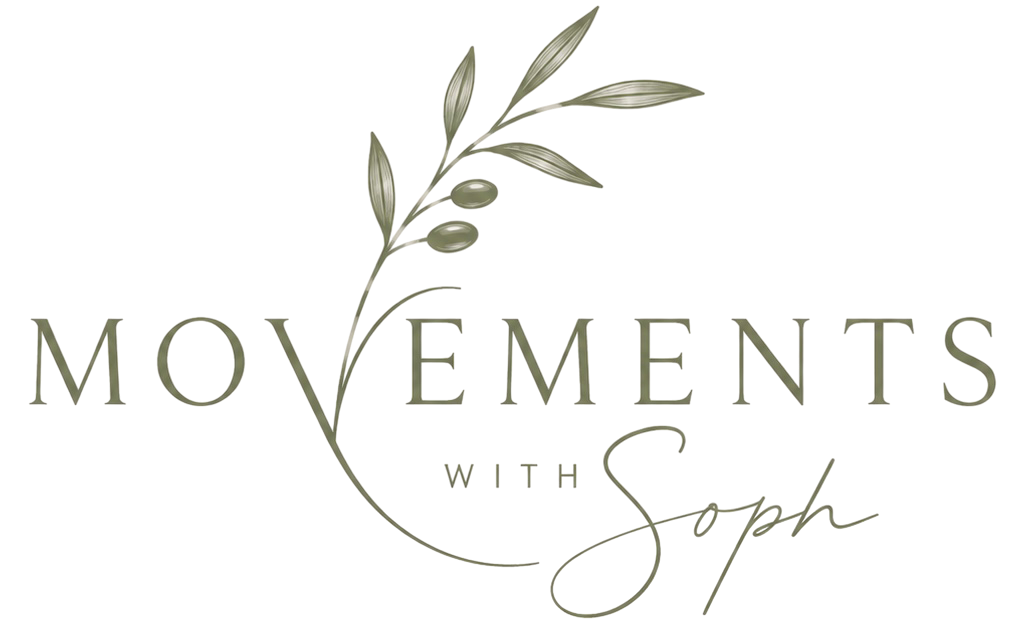 Logo for 'Movements with Sophie' featuring a olive branch with leaves and olives in muted green tones.