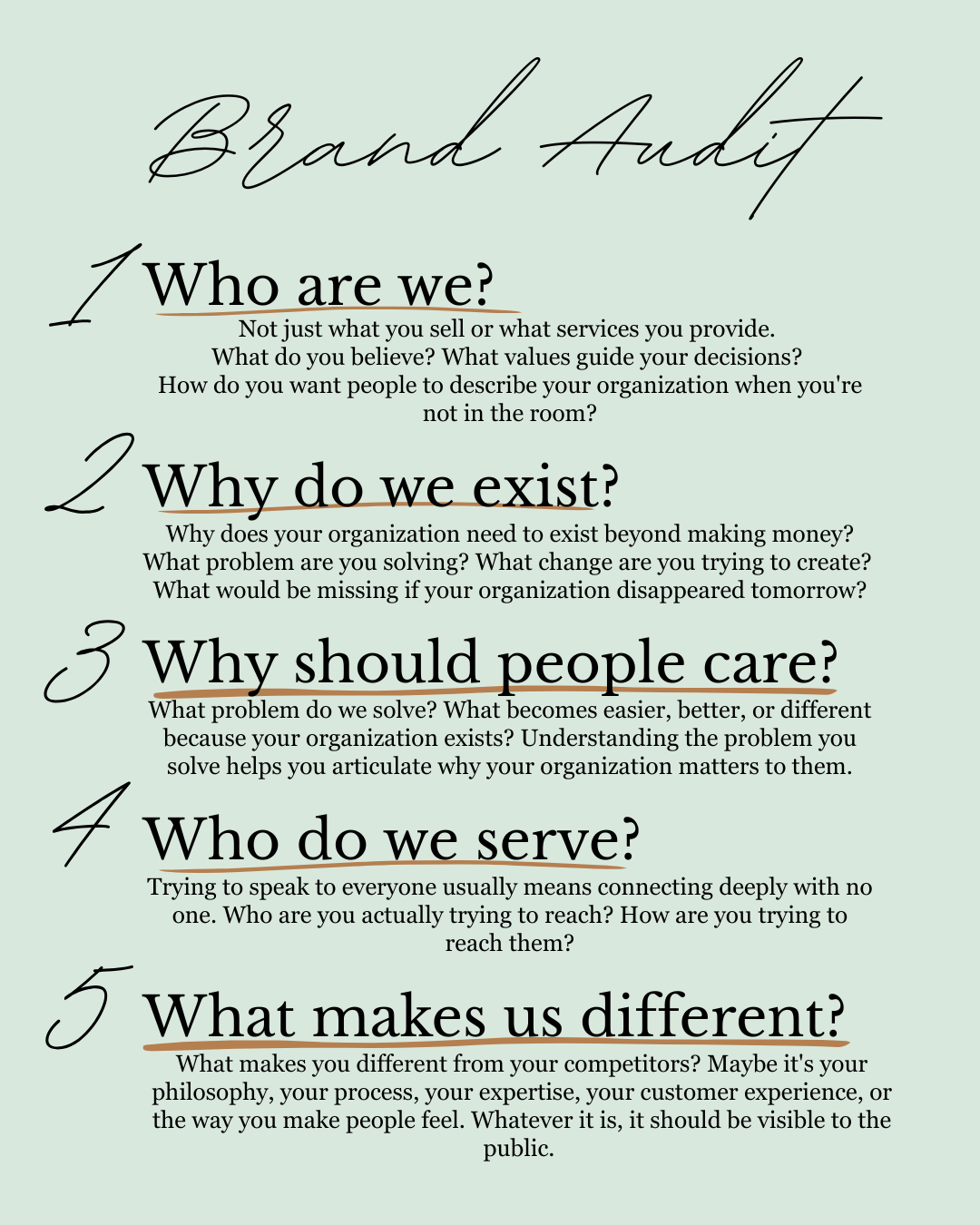 Brand audit graphic outlining five key questions: who are we, why do we exist, why should people care, who do we serve, and what makes us different.