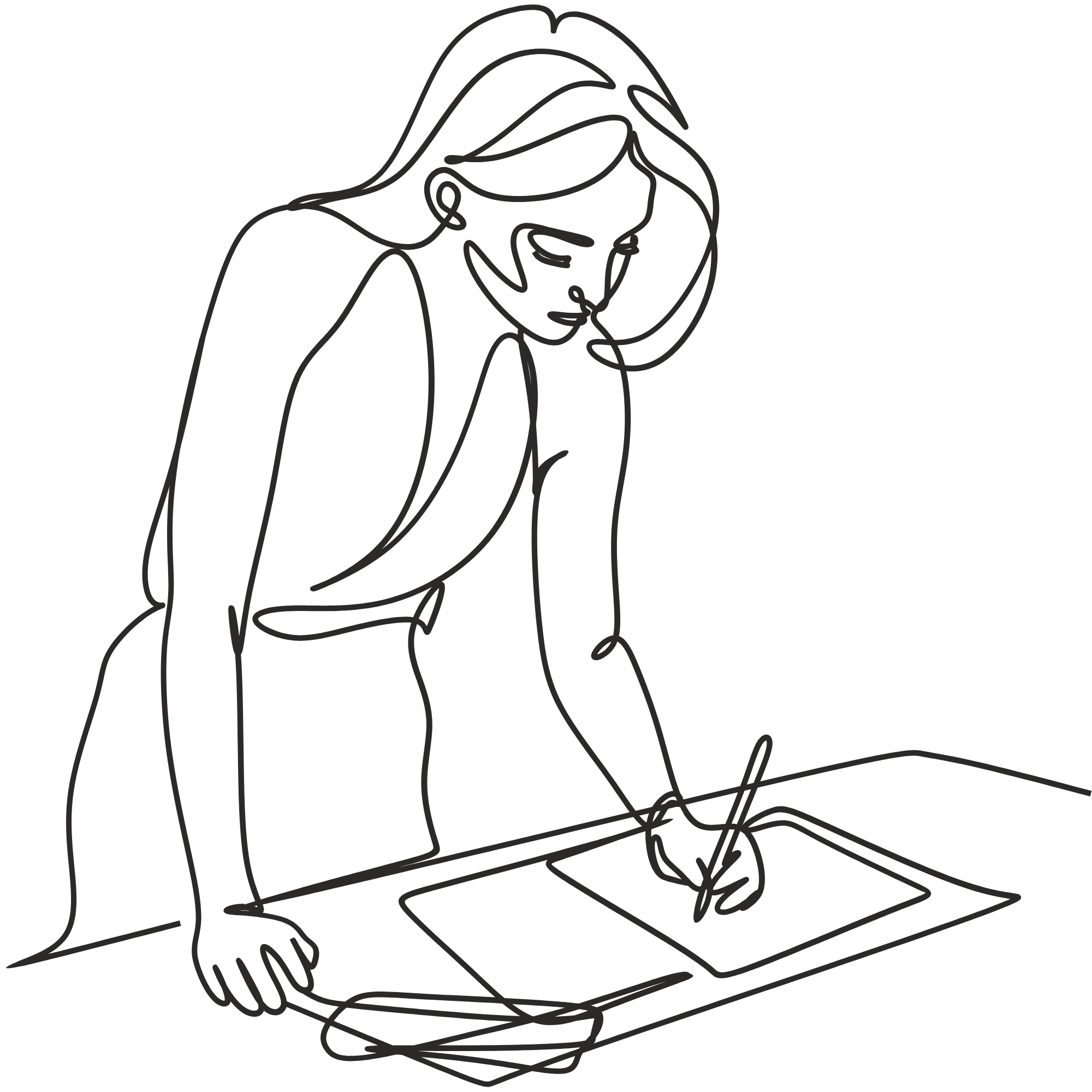 Line drawing of a person with long hair wearing glasses, looking down, and operating a computer mouse with one hand while using a keyboard with the other Hand.