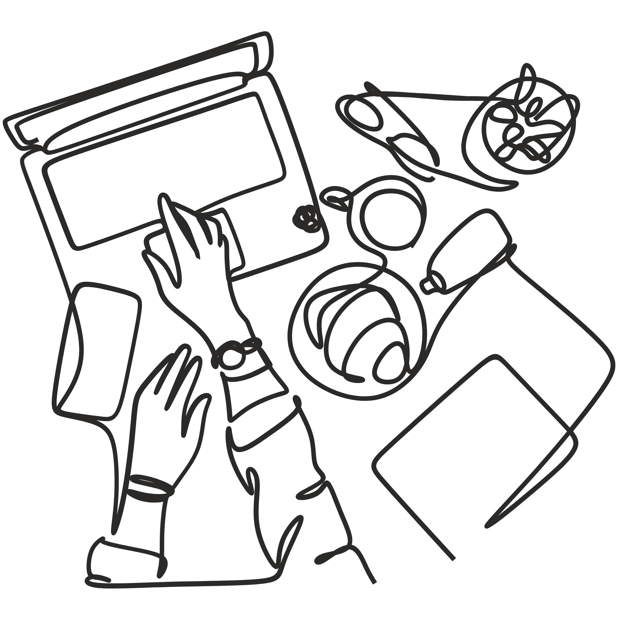 Line drawing of a laptop, bowl of noodles, and various kitchen utensils.