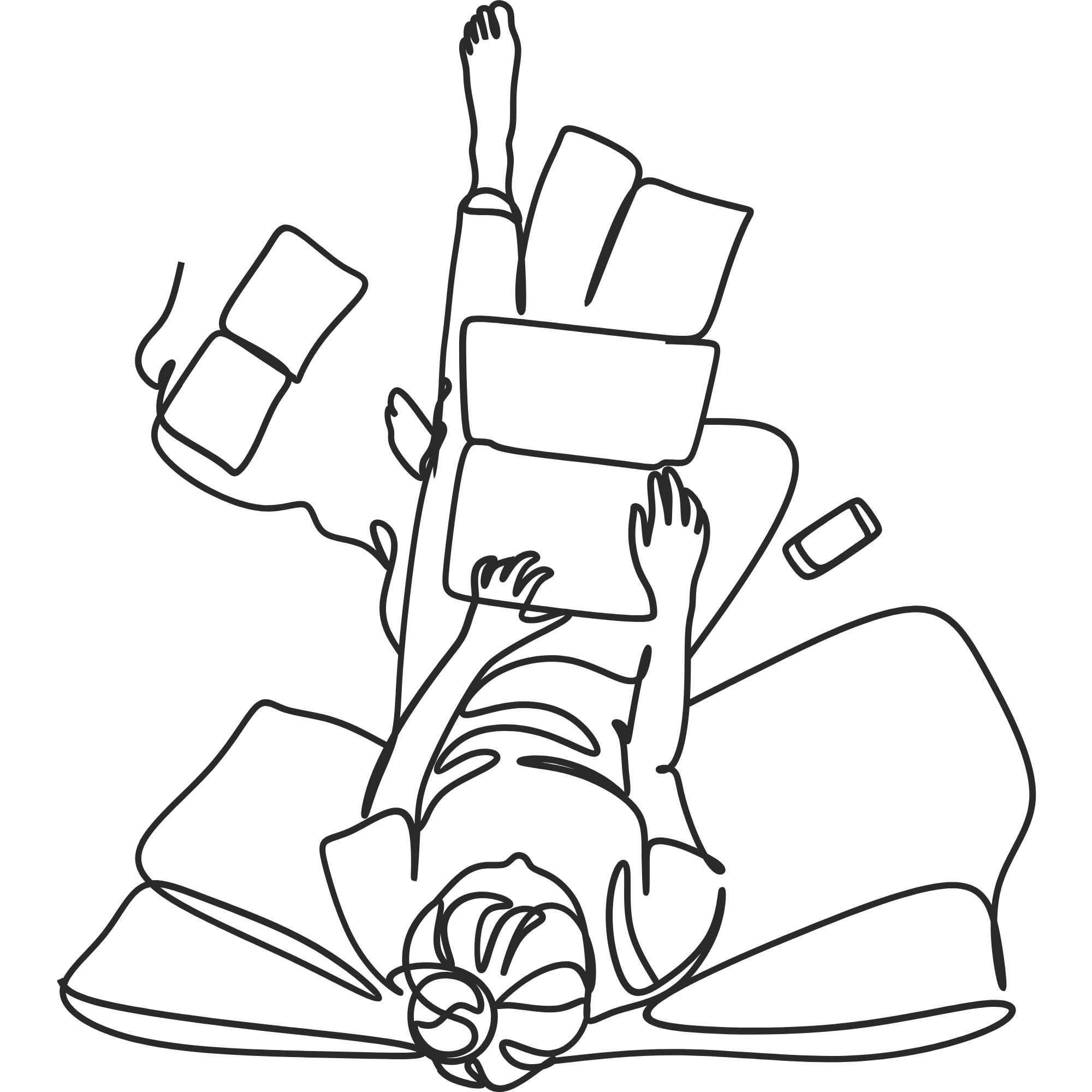 A line drawing of a person holding a gift box in front of another person, with various gift boxes and a ribbon around the scene.