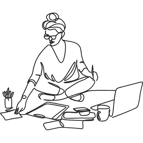 Line drawing of a woman sitting on the floor with a laptop, books, a cup, and a container, reaching for a tablet with a pencil holder nearby.