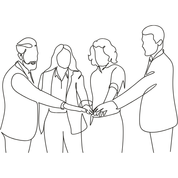 Line drawing of four people with their hands stacked together in the center, symbolizing teamwork or unity.