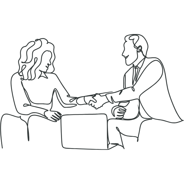 Line drawing of a man and woman shaking hands during a business meeting.