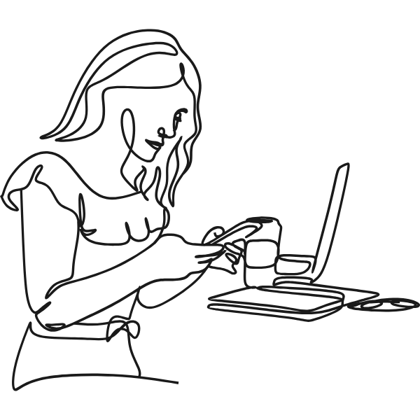 Line drawing of a woman sitting at a desk looking at her phone, with a laptop, a glass, and some papers or a notebook nearby.
