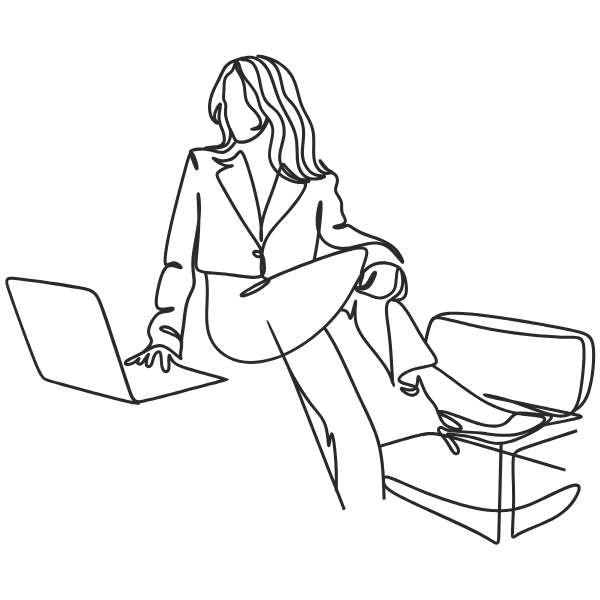 Line drawing of a woman sitting on a bench with one leg crossed over the other, using a laptop.
