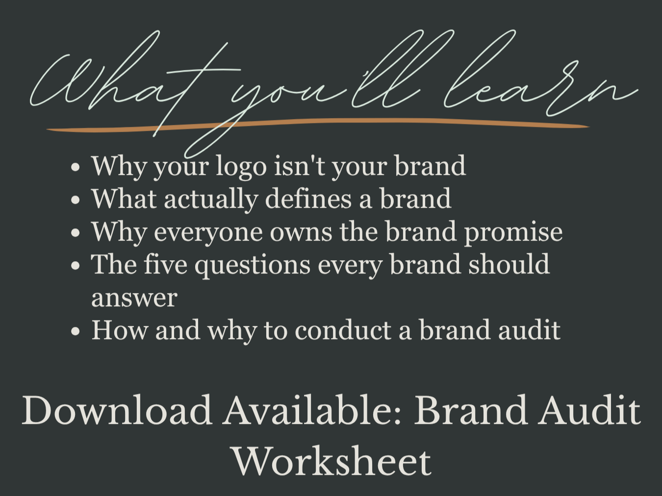 “What You’ll Learn” graphic outlining key brand strategy lessons and a downloadable brand audit worksheet.