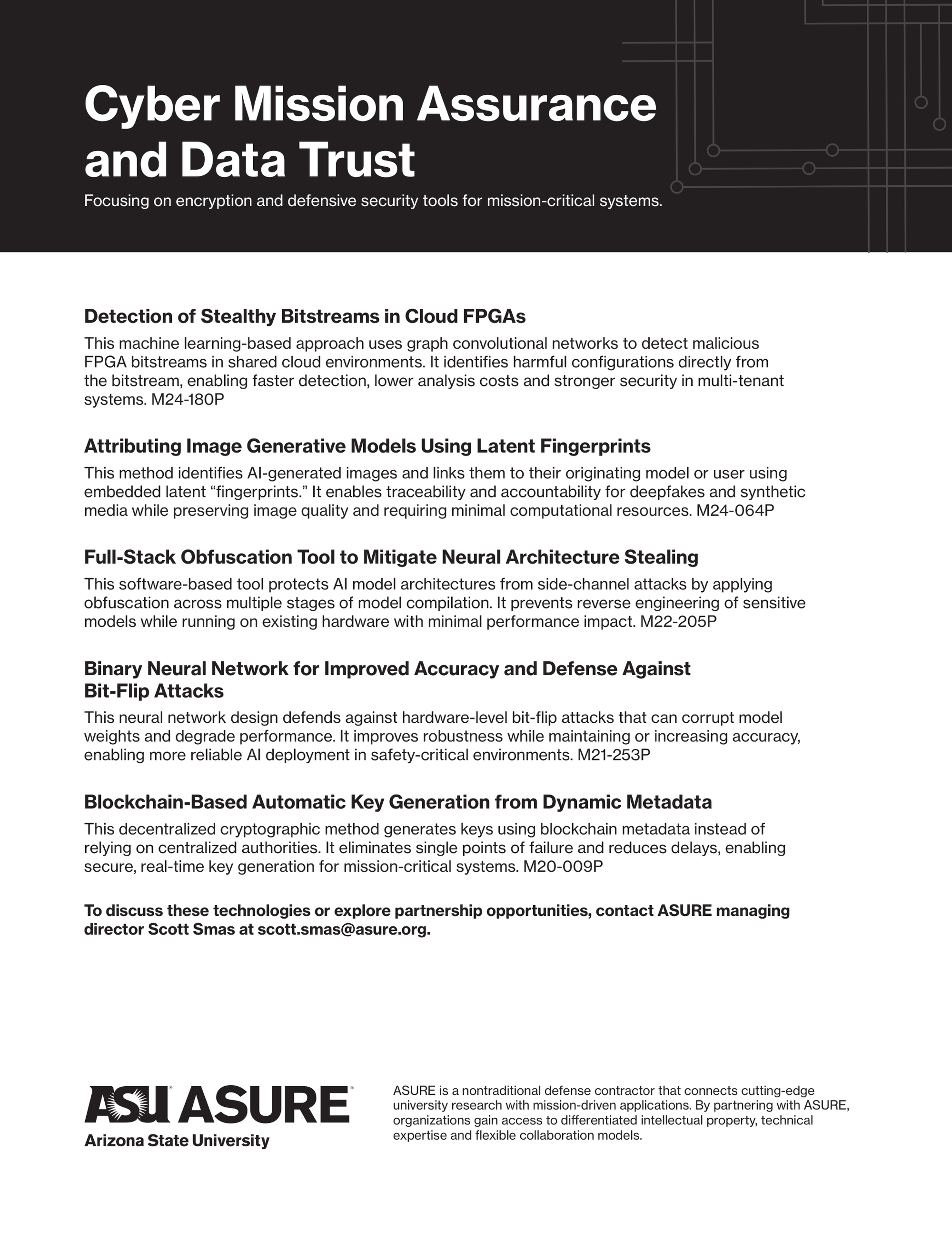 Page from a document or presentation with a black and gray header titled 'Cyber Mission Assurance and Data Trust,' followed by multiple sections discussing various cybersecurity and AI technologies. The bottom of the page features the ASURE logo and a paragraph about Arizona State University.