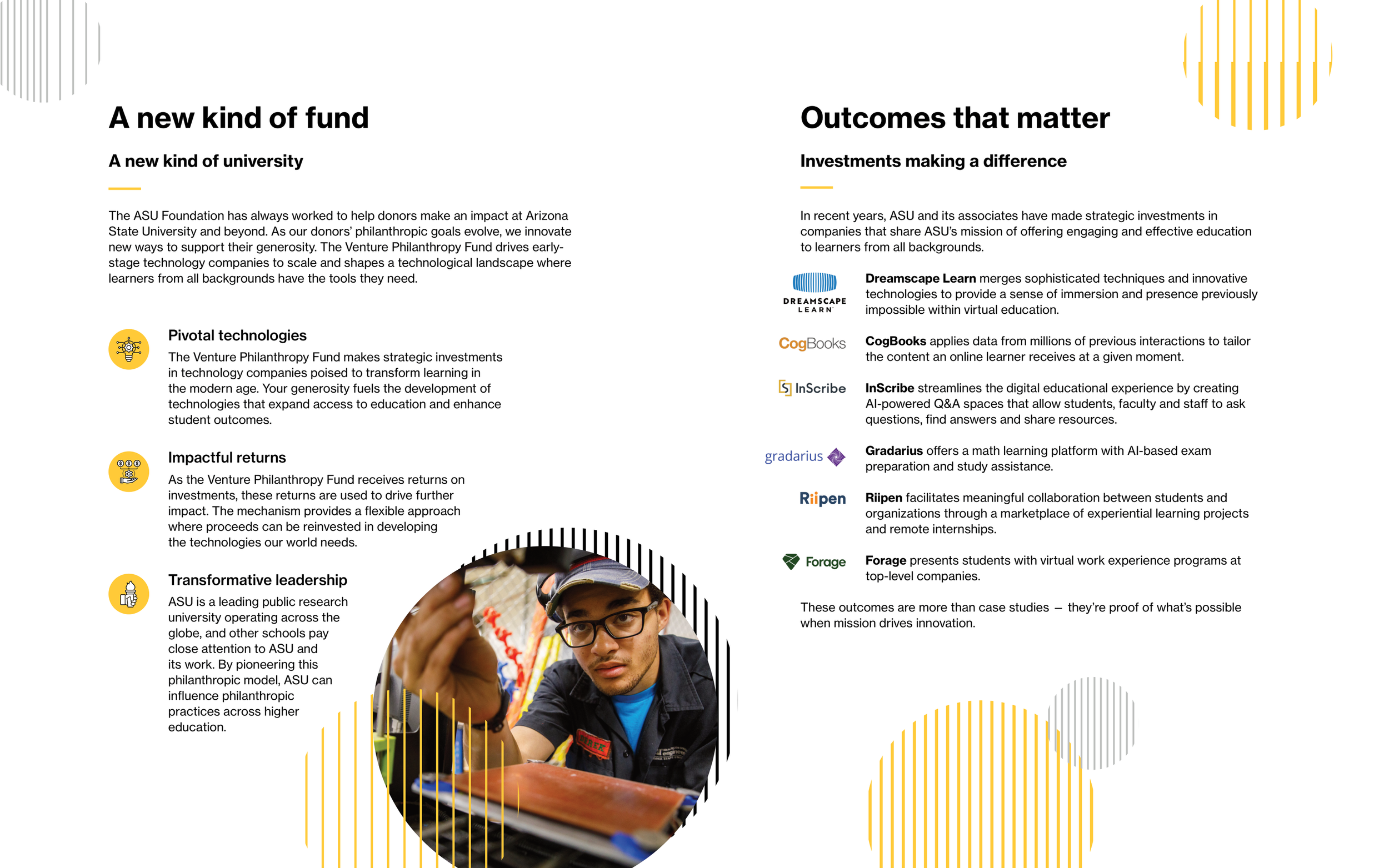 A brochure page with text and a photo of a young man wearing glasses, a black cap, and a black vest with a red patch, working on a project in a laboratory or classroom. The page discusses new university funding and investment outcomes.