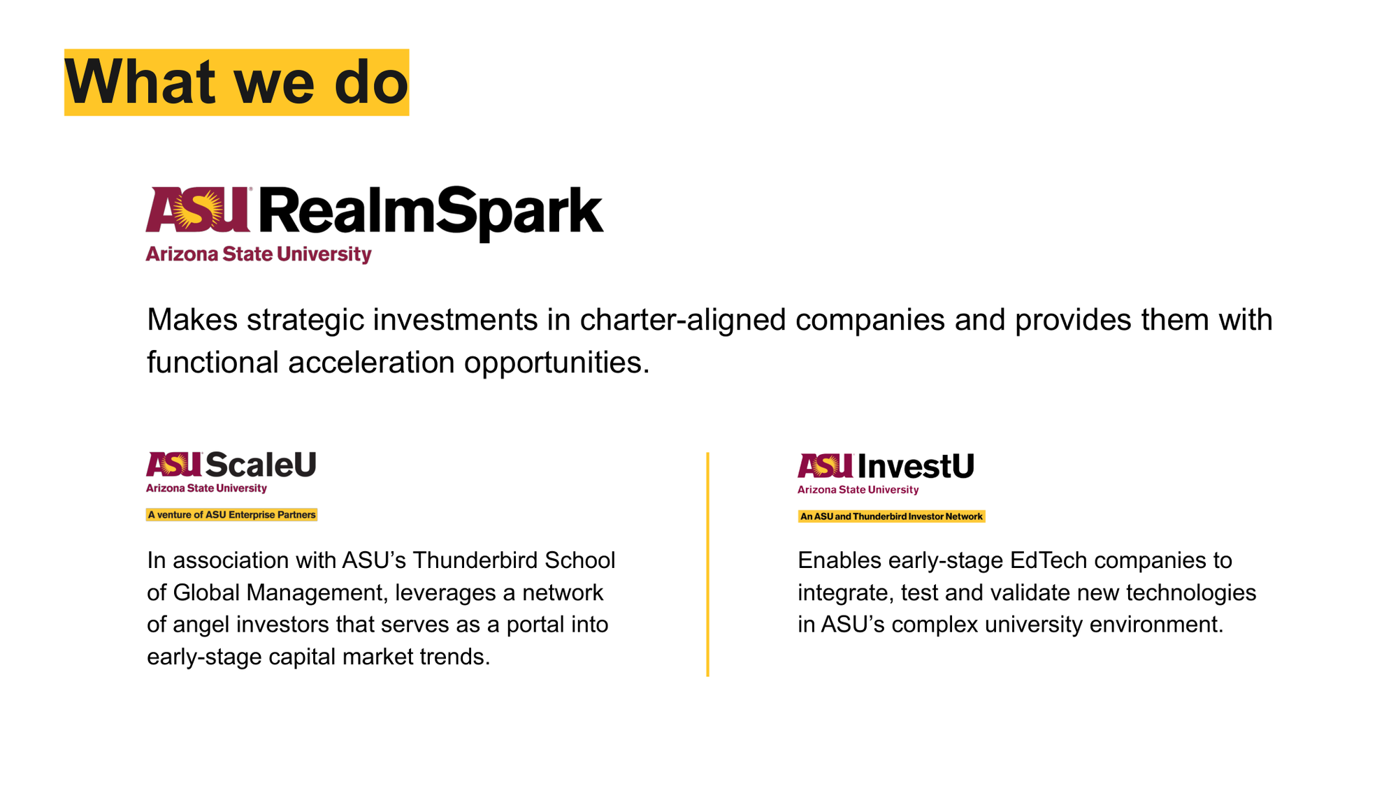 A screenshot of a webpage titled "What we do" with the Arizona State University (ASU) RealmSpark logo. The page describes ASU's programs such as ScaleU and InvestU, focusing on investments in charter companies, early-stage EdTech innovations, and leveraging networks of angel investors. The text mentions associations with ASU's Thunderbird School of Global Management and highlights the university's involvement in venture and investor networks.