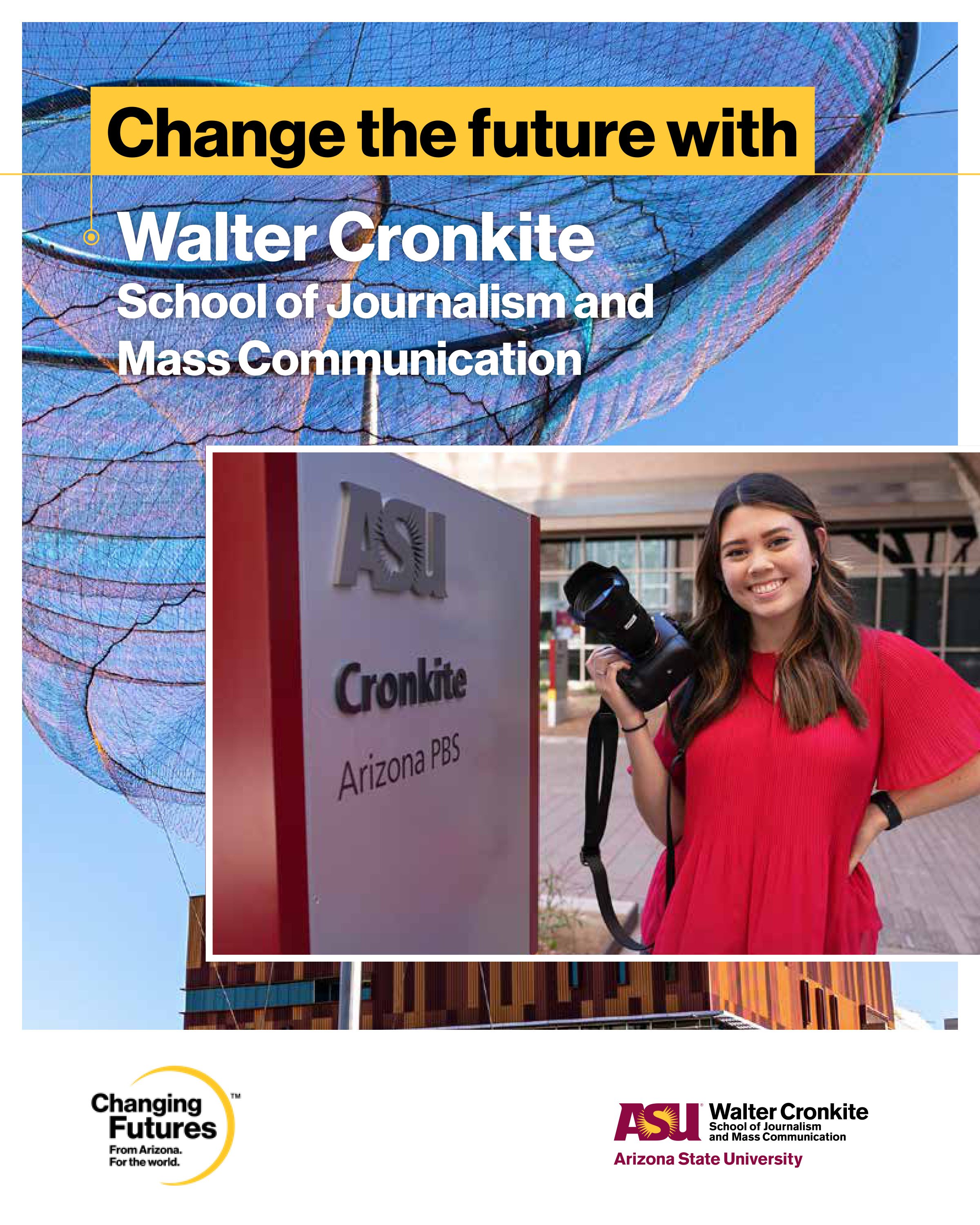 A young woman holding a camera and smiling outdoors. Visible signs include 'Cronkite' and 'Arizona State University'. A large colorful building and a kitesurfing sail in the background.