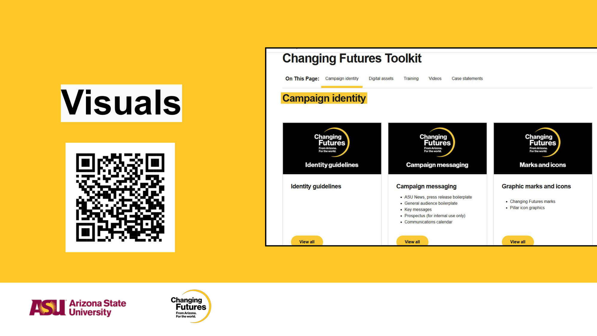 A digital screenshot with a yellow background and black text labeled "Visuals." To the right, a webpage titled "Changing Futures Toolkit" displays sections such as Campaign identity, Digital assets, Training, Videos, and Case statements, with various category icons and descriptions. On the left, a QR code is present below the word "Visuals".