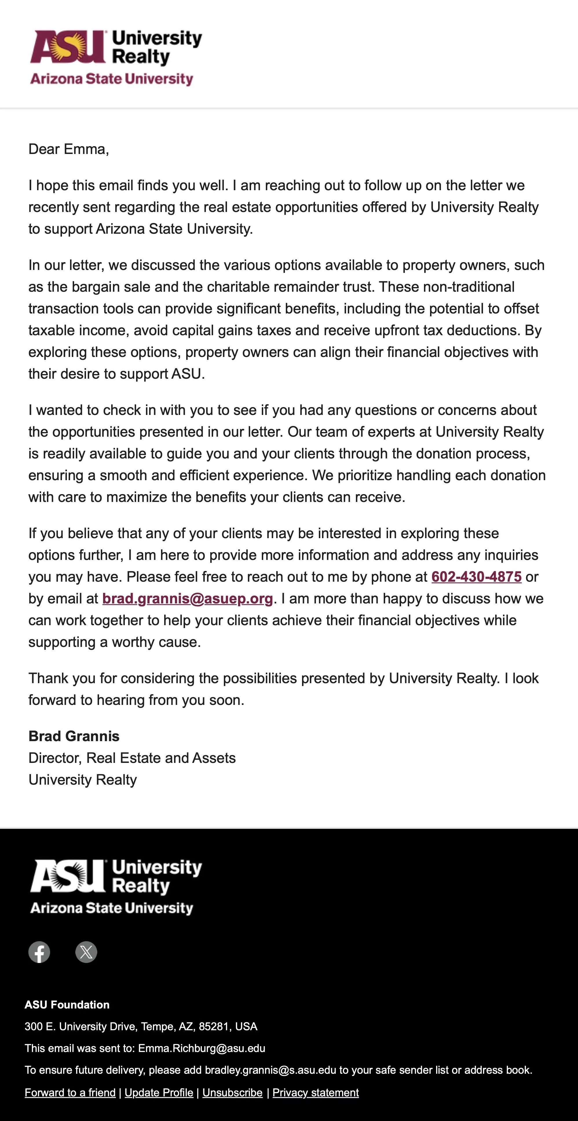 Email from Arizona State University Realty discussing real estate opportunities to support Arizona State University, signed by Brad Grannis, Director of Real Estate and Assets.