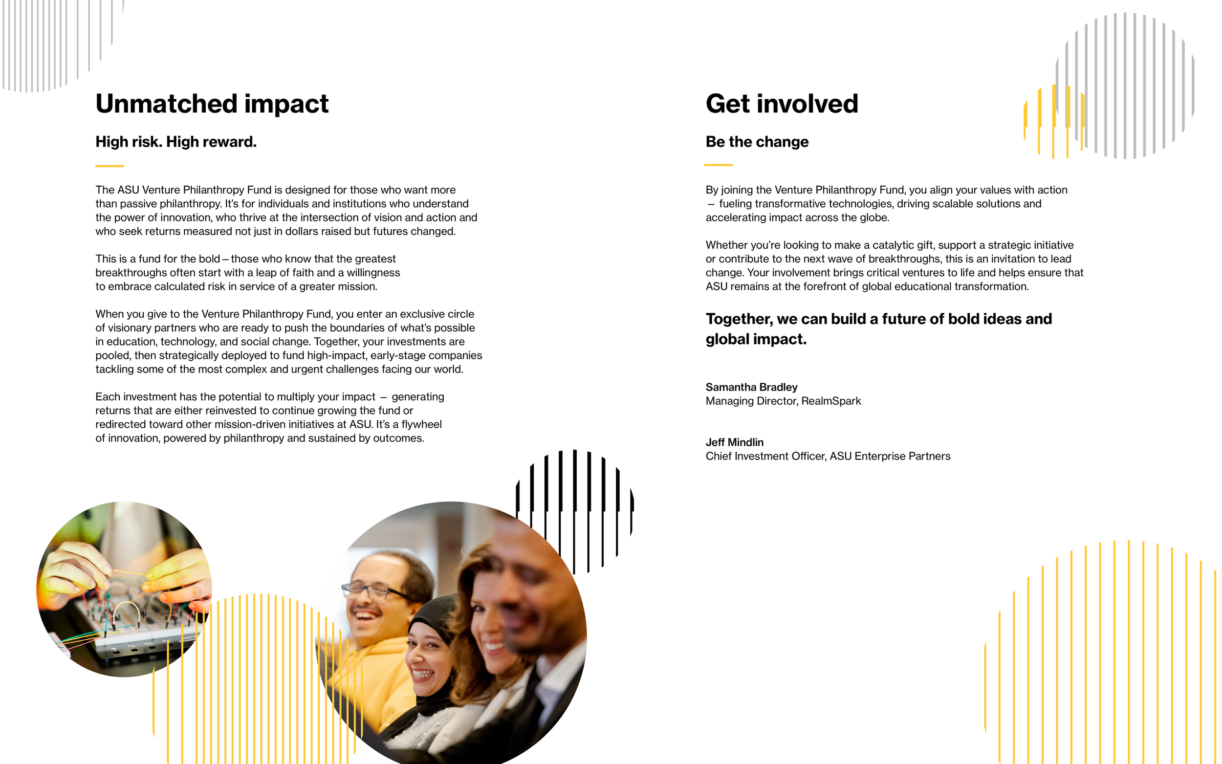 A brochure layout with text about venture philanthropy, featuring circular images including people smiling and a person working with electronic equipment, decorated with yellow and gray striped design elements.