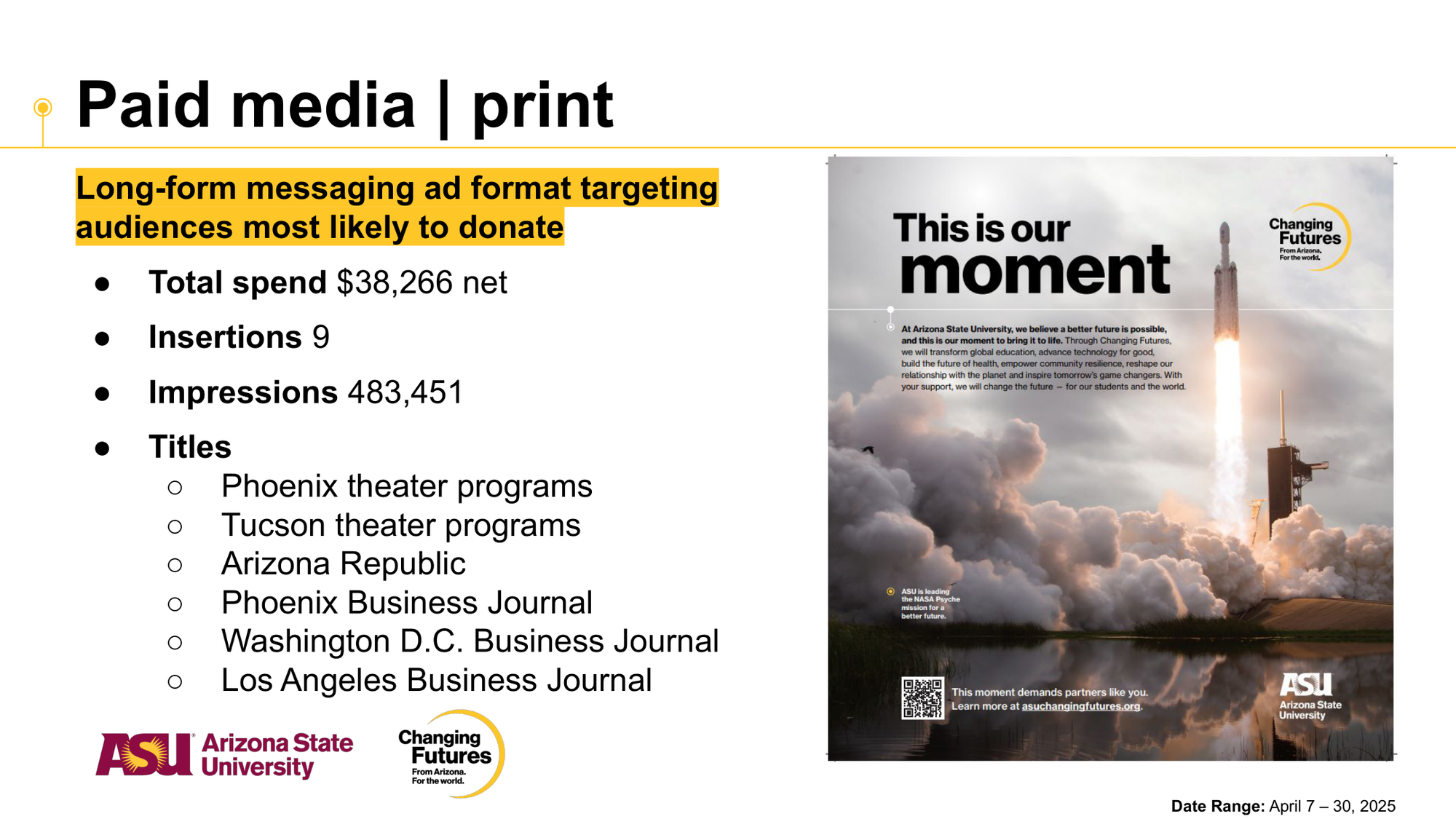 A presentation slide titled 'Paid media | print' with a subtitle about long-form messaging ad format targeting audiences likely to donate. The slide shows data points including total spend, insertions, impressions, and list of titles like Phoenix theater programs and Arizona Republic. To the right, a large image of a rocket launch with smoke and clouds, and text promoting Arizona State University and its mission for a better future, with a QR code at the bottom.