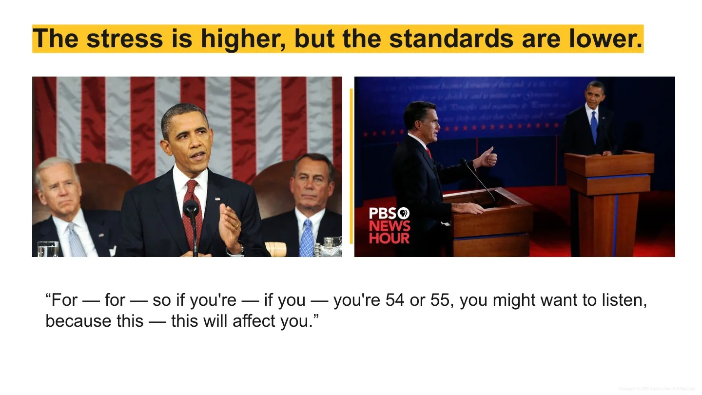 Comparison of two debates between President Barack Obama and Republican candidates. The left image shows Obama speaking at a debate with a caption emphasizing higher stress but lower standards. The right image shows a debate stage with two candidates, with a PBS News Hour logo. The text beneath quotes Obama discussing the importance of listening for those aged 54 or 55.