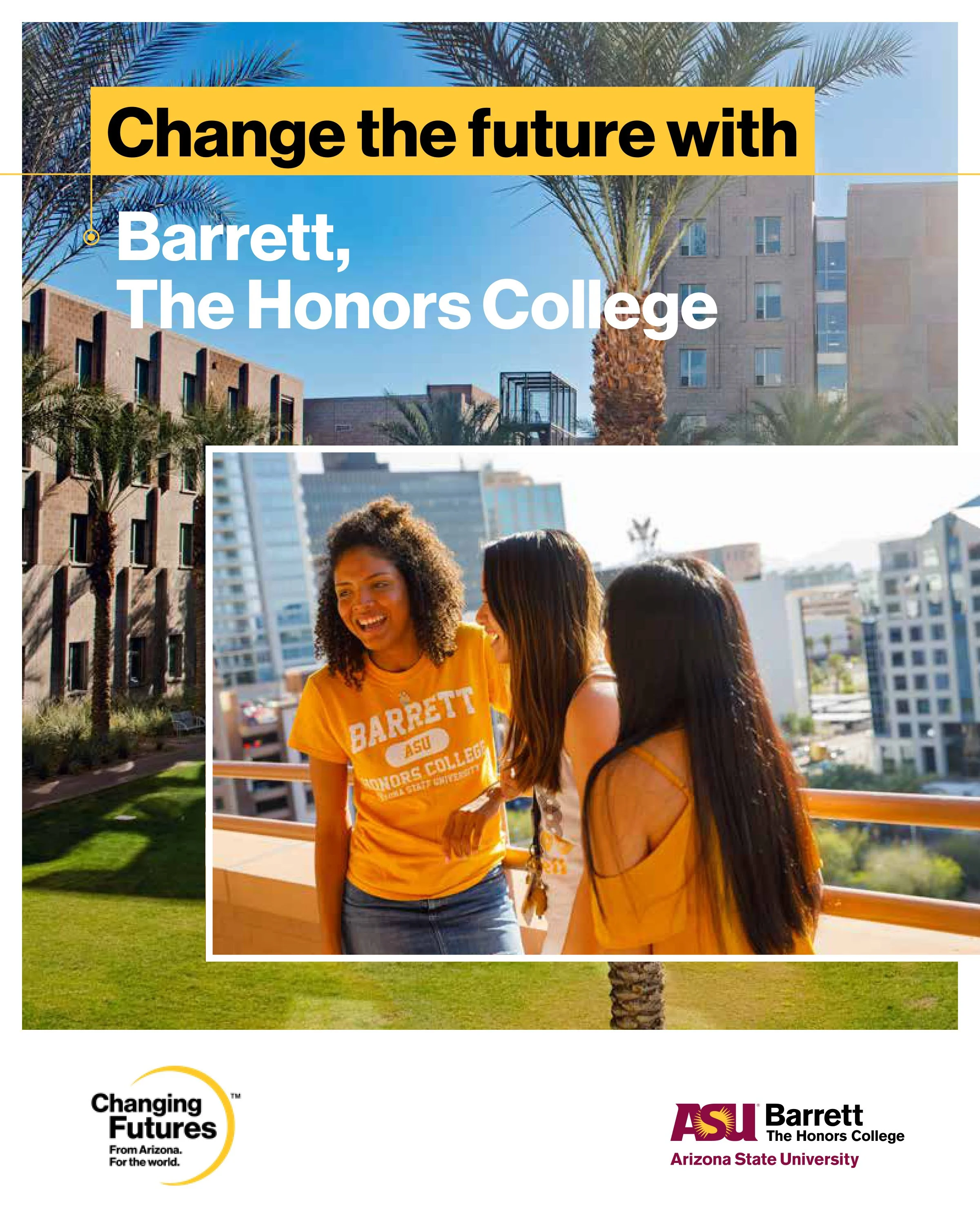 A group of diverse students standing outdoors on a balcony at an educational institution, with palm trees and modern buildings in the background during daytime. The image promotes collaboration and education.