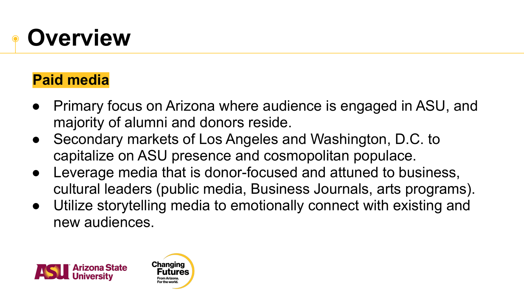 A digital presentation slide titled 'Overview' discusses paid media strategies for Arizona State University, including engaging audiences in Arizona and major markets like Los Angeles and Washington D.C., leveraging donor-focused media, storytelling, and emotional connection.