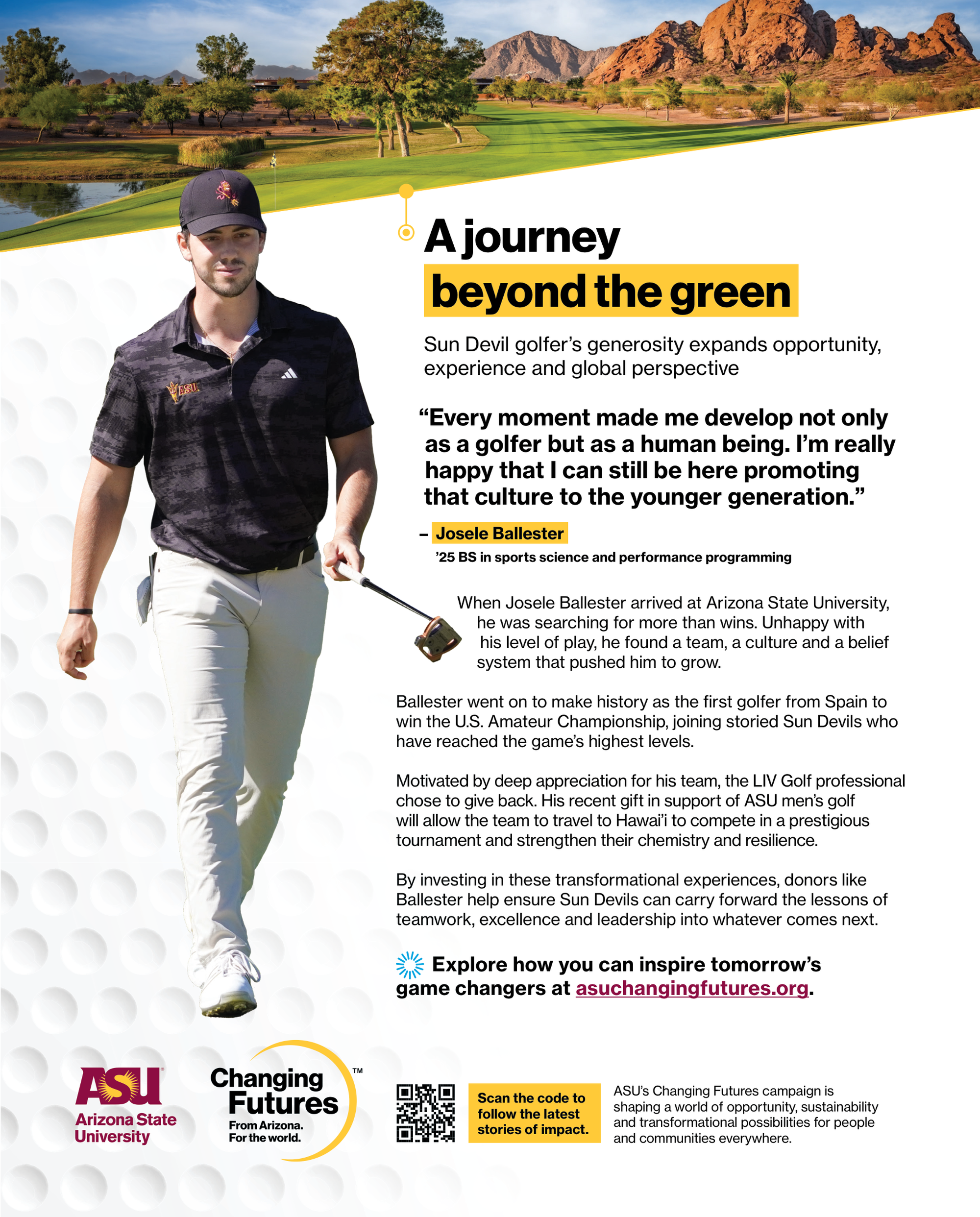 A man wearing a black cap and a black collared shirt with the ASU logo stands on a golf course holding a putter. The background features a golf course with trees and rocky mountains under a partly cloudy sky.