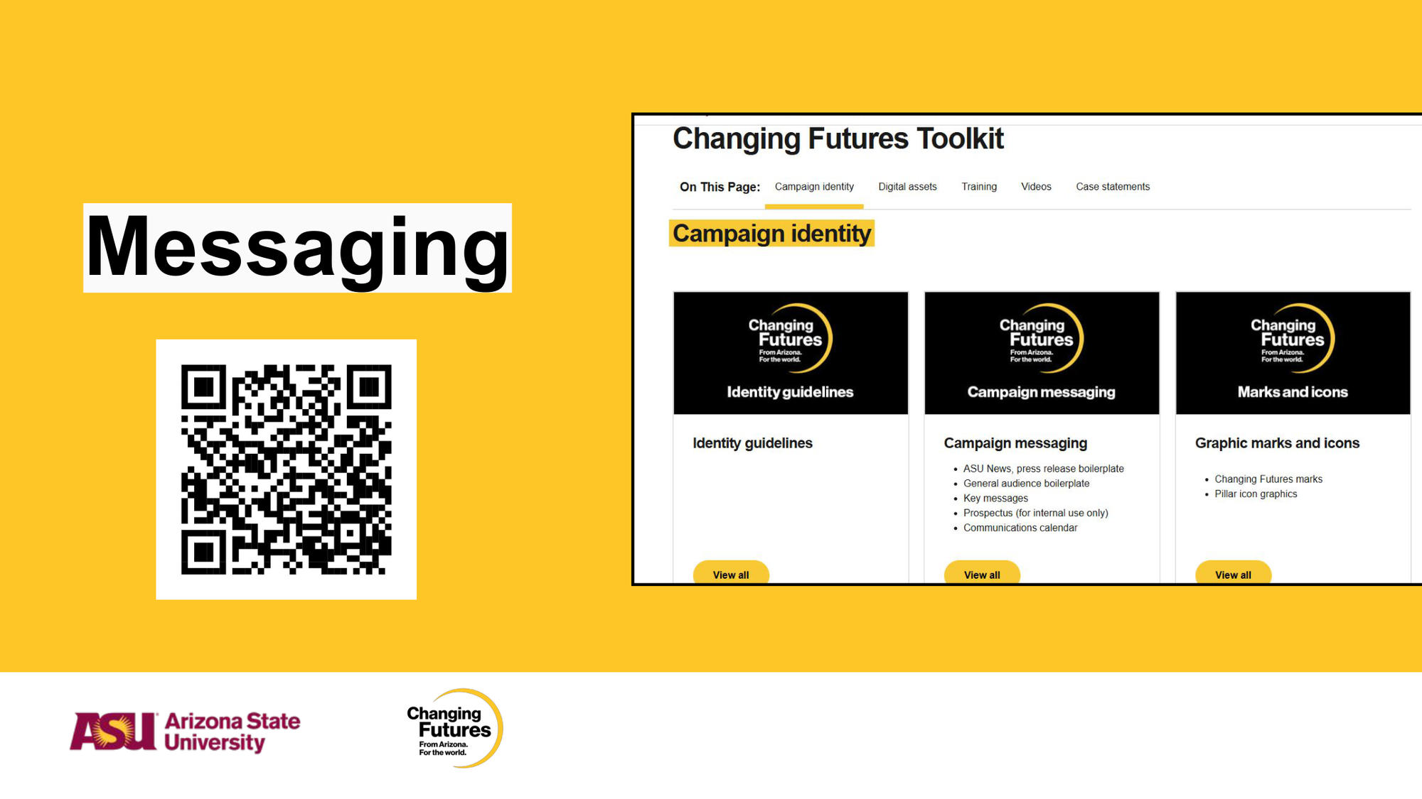 A digital graphic promoting messaging for Changing Futures from Arizona, with a QR code on a yellow background. The top right displays a screenshot of a webpage titled 'Changing Futures Toolkit,' with sections on campaign identity, digital assets, training, videos, and case statements.