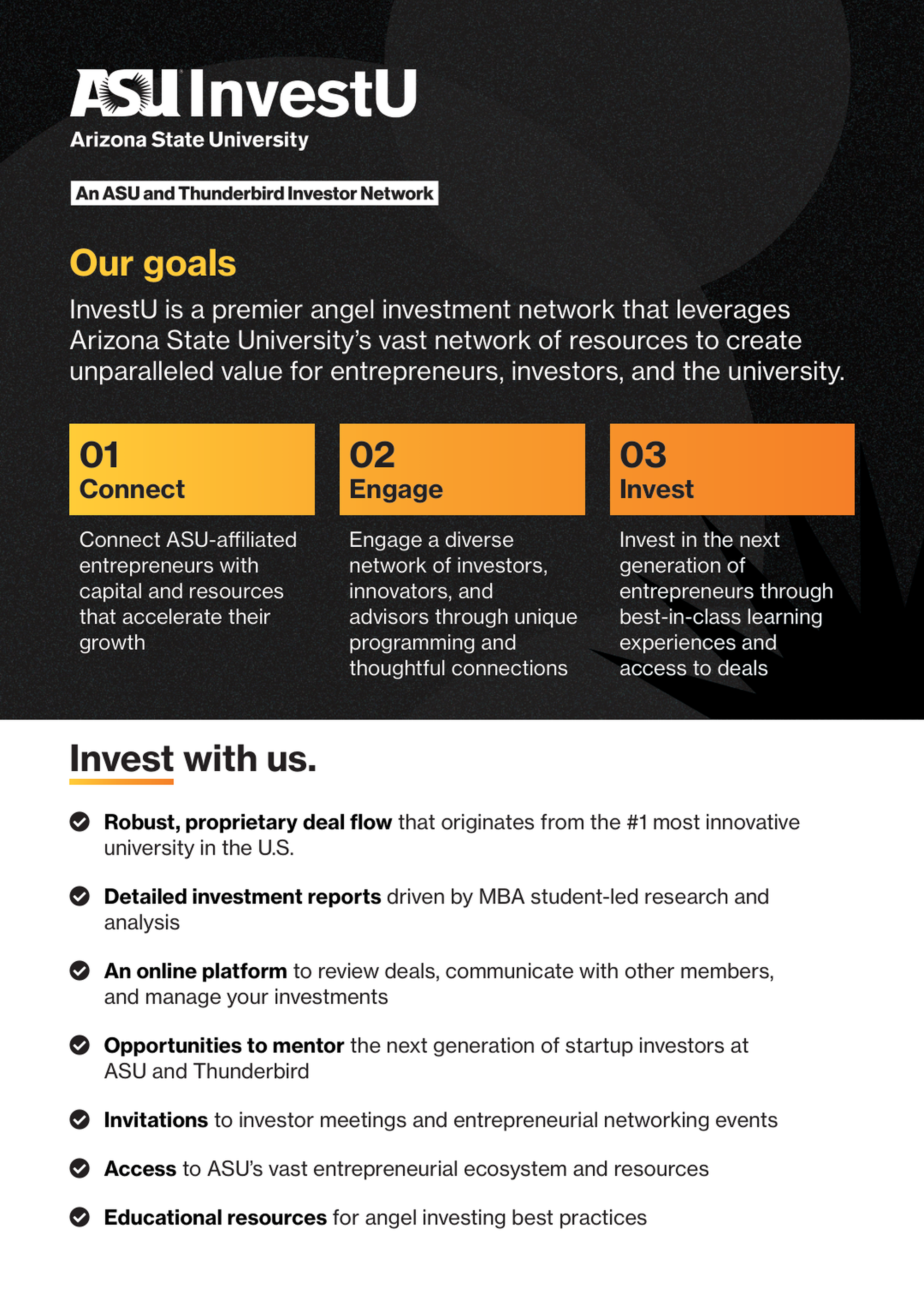 A promotional infographic for ASU InvestU, an angel investment network affiliated with Arizona State University. It outlines the network's goals of connecting entrepreneurs, engaging investors, and investing in startups. The infographic also describes benefits such as investment opportunities, entrepreneurial resources, and networking events, along with features like online tools and mentorship programs.